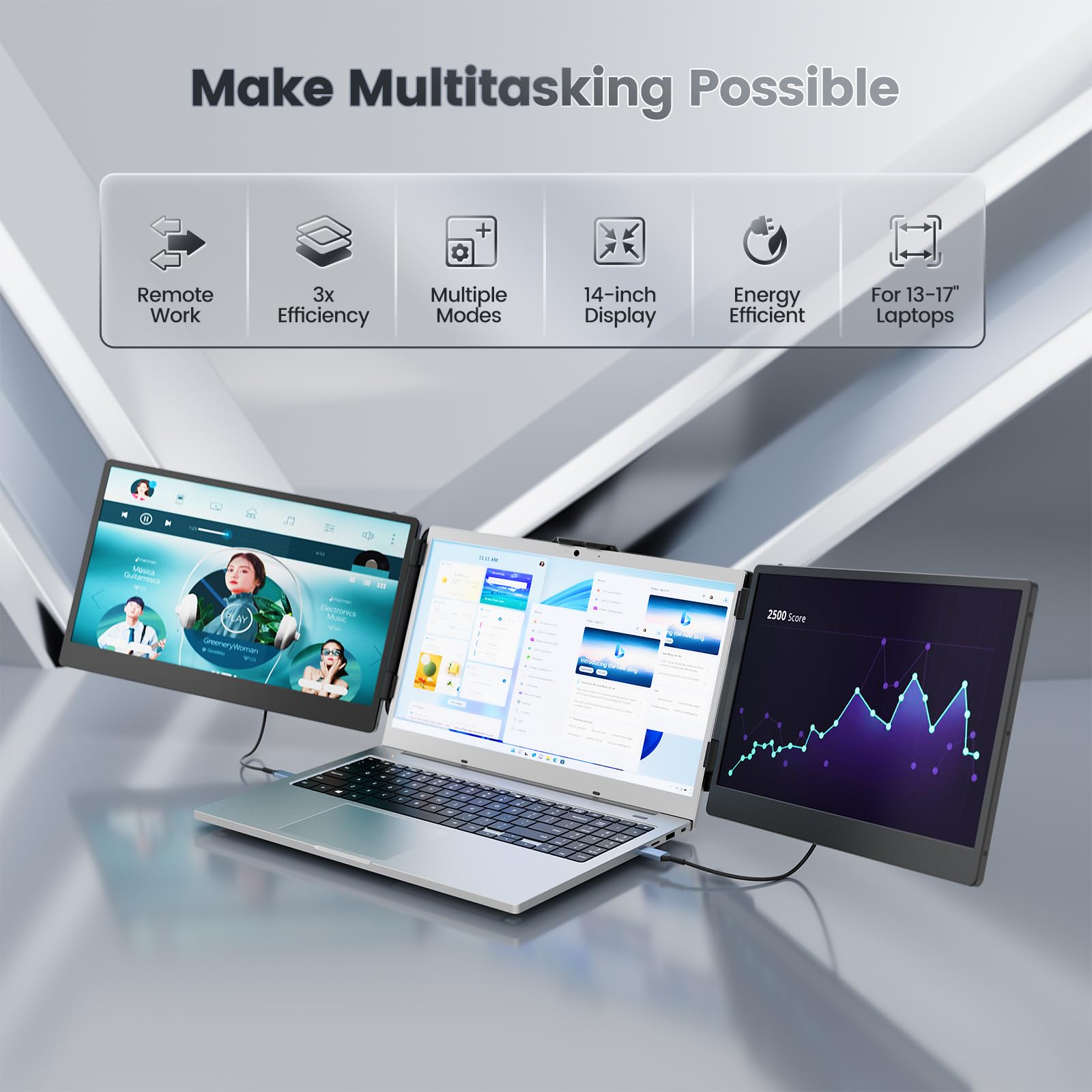 Teamgee Monitor Portatile per Laptop, Portable Monitor Schermo Doppio FHD 1080P IPS da 14" con Doppi Altoparlanti, Display HDMI/USB-A/Type-C Plug and Play da 13" a 17" (Mac, Wins, Android, Dex)