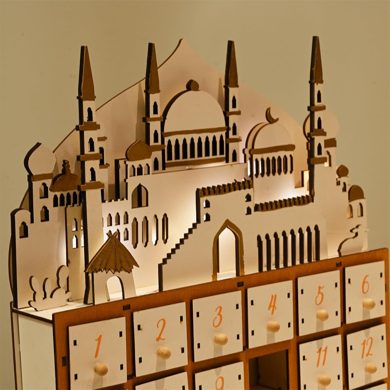 LED Illuminating Wood Eid Ramadans Countdown Calendar With 30 Small Drawers For Muslims Islamics Festivals Party Decors