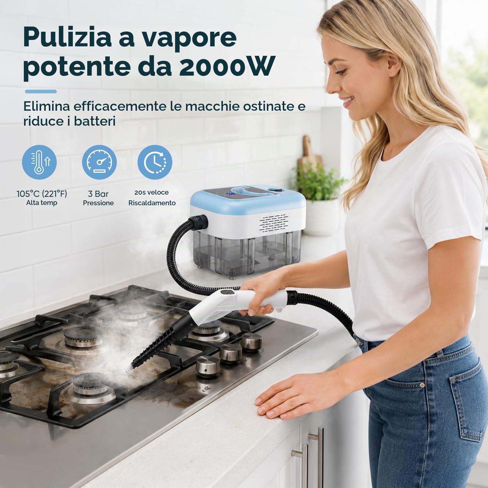 Pulitore a Vapore Portatile 2000 W, 6 Spazzole, Serbatoio 2.5 L, Pulitore a Vapore 3 Bar, con 3 Velocità Regolabili, per la casa multiuso, per finestre, cappe, tessuti