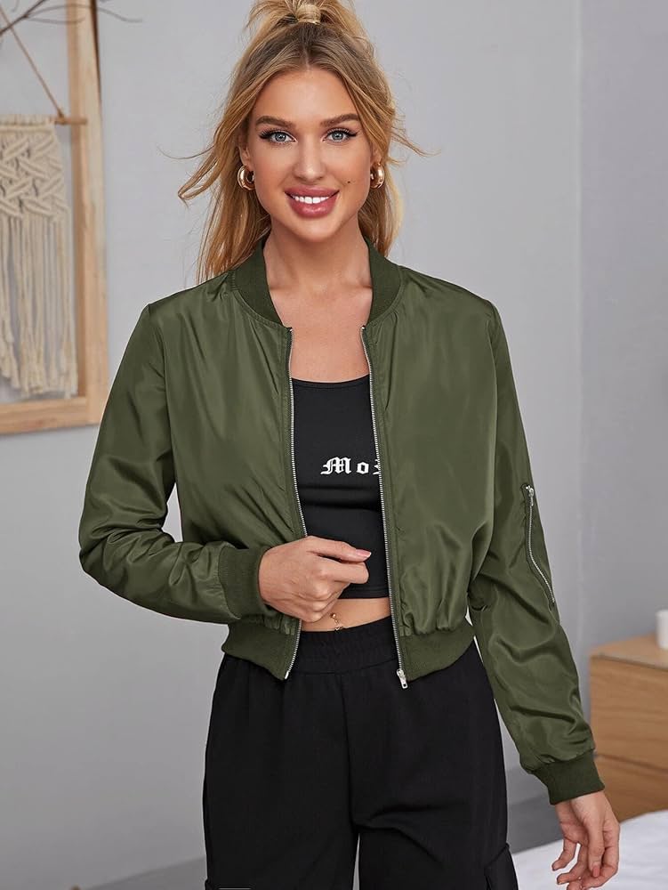 Amazon.com: Jackets for women - Zipper Detail Solid Bomber