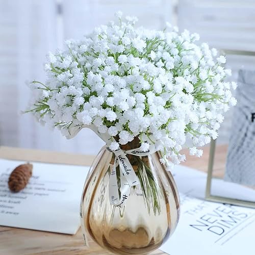 Miniatura 104 de N&T NIETING Babys Breath - Flores artificiales blancas, 10 ramos de gypsophila falsas de tacto real, arreglo de aliento de bebés para bodas