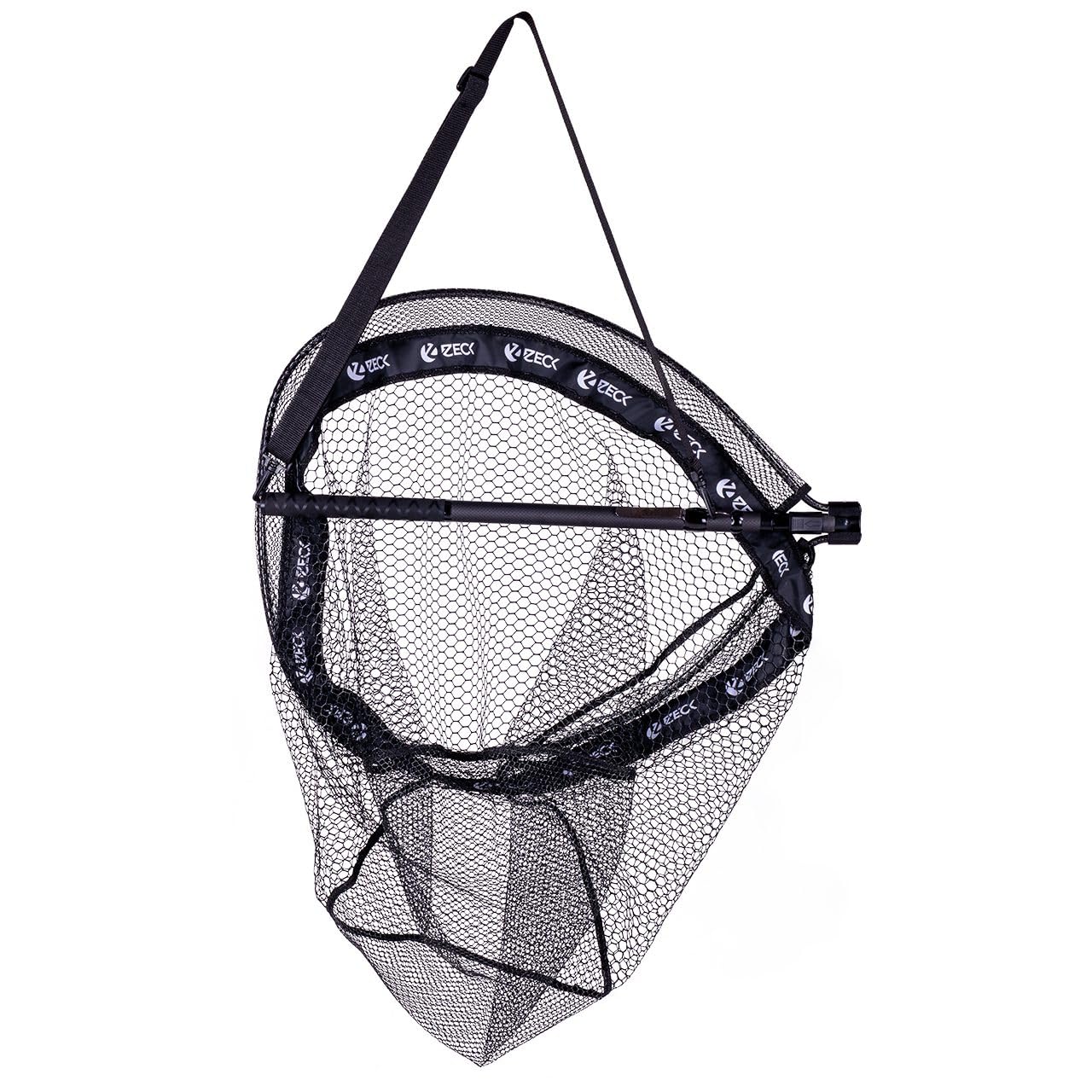Zeck Fishing Floating Net Pro M • Schwimmender, einhändig bedienbarer Kescher • 60×50×80 cm Kopf • 120 cm Länge • Gummiertes Netz • Mit Gürtelclip, Ösen & Tragegurt