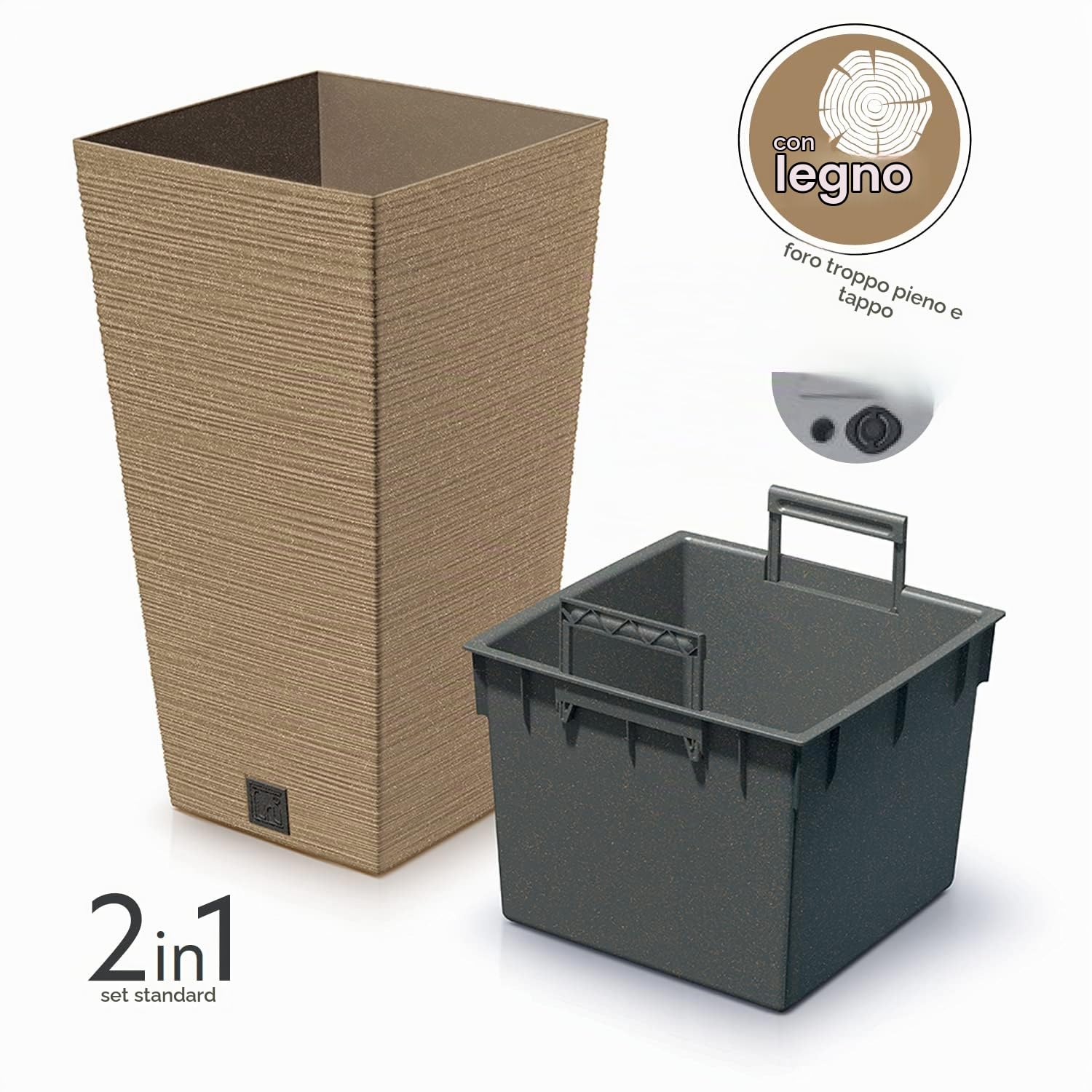 Vaso per Fiori piante Quadrato Furu Square ECO WOOD Decorativo in Plastica e Legno 33% cm da Interno Esterno esterno 24x24x45 cm Quadrato Marrone Design Moderno 19 Litri