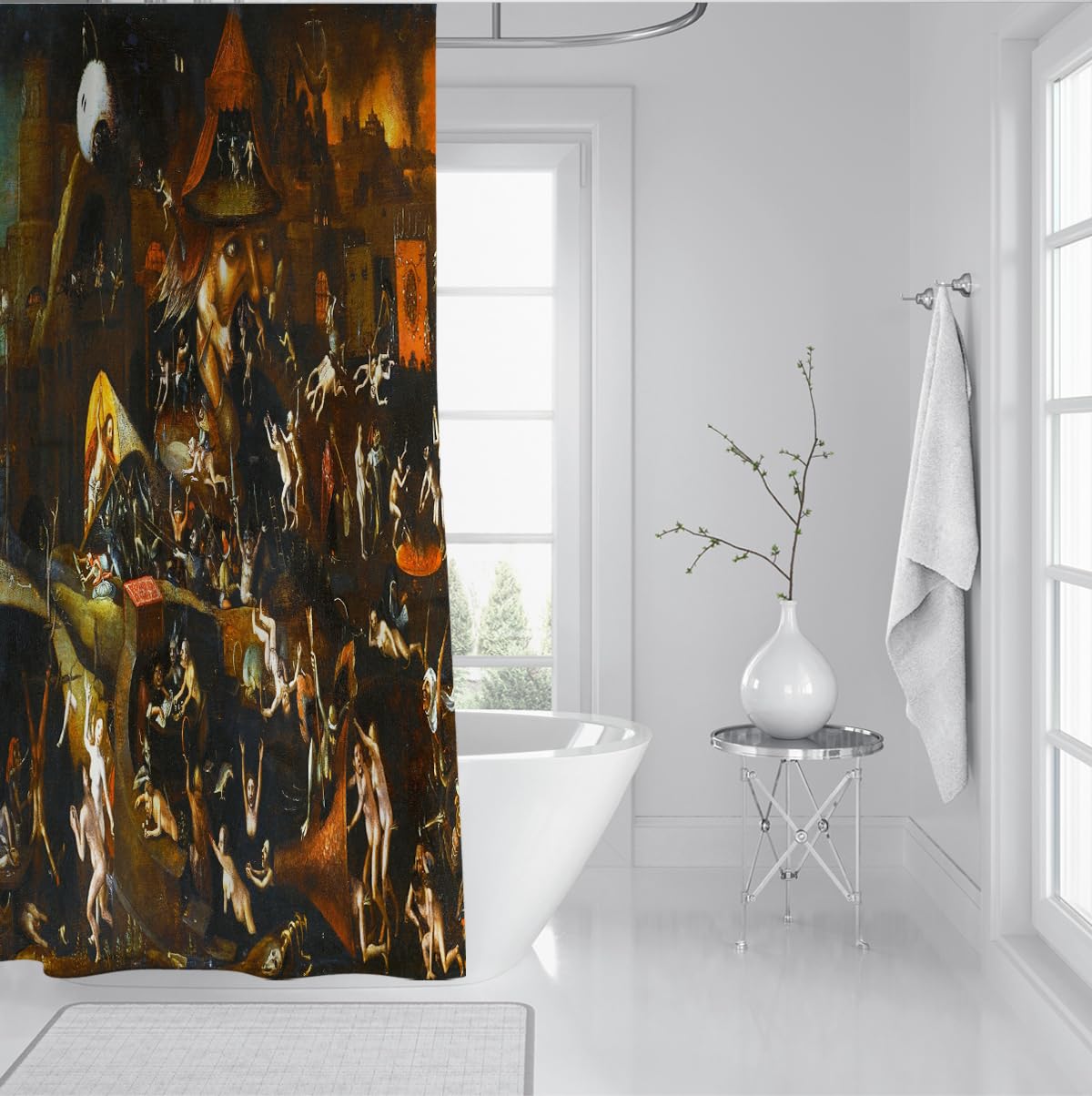Seltsame Kunst Duschvorhang – Monster-Schwarm-Chaos-Szene Nördliche Renaissance grotesken Badevorhang mit C-förmigen Haken zur Badezimmerdekoration 180 x 180 cm