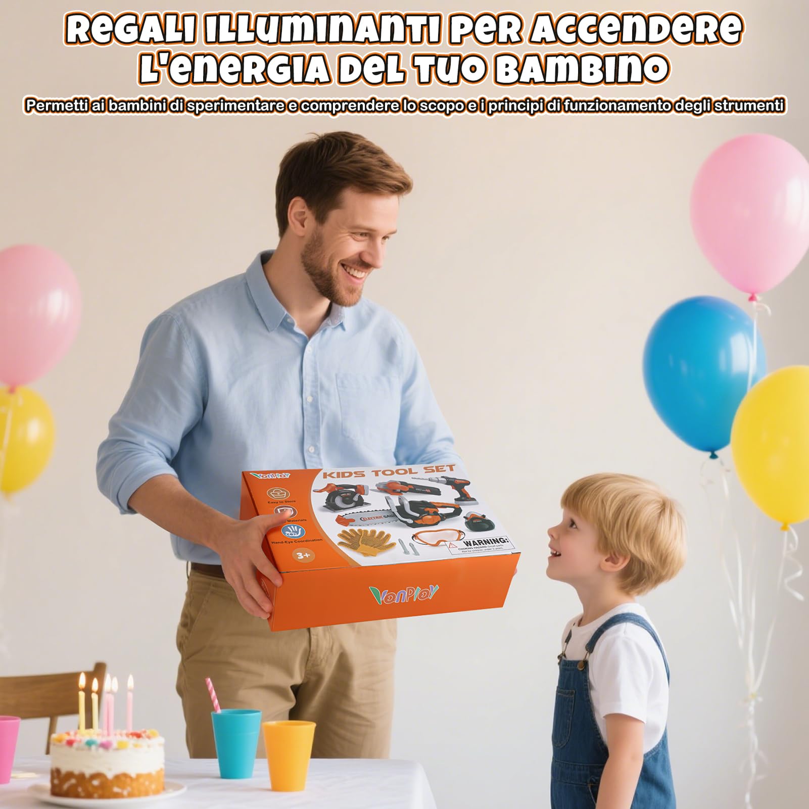 Vanplay Attrezzi Giocattolo per Bambini Modello di Lusso, Regalo Giocattolo per Bambini Piccoli dai 3, 4, 5 anni con Trapano Elettrico, Motosega, Smerigliatrice Angolare, Sega Circolare, Borsa Portaog