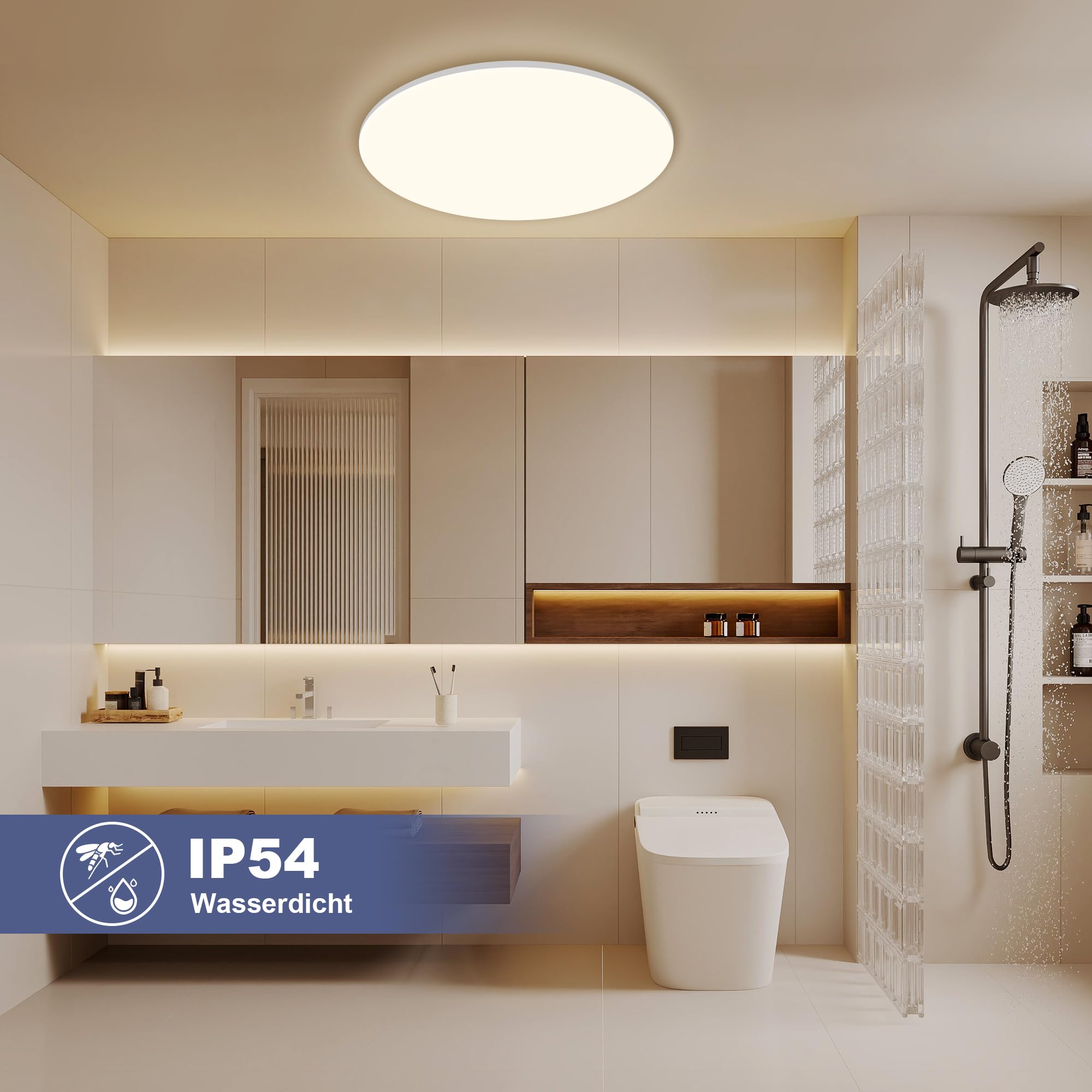 ONDTA LED Deckenleuchte Dimmbar 45W, 2700K-6500K Deckenlampe mit Fernbedienung, IP54 Rund Badezimmer Lampe, 5300LM Memory-funktion LED Panel für Wohnzimmer Schlafzimmer Küche Badezimmer, Ø45cm