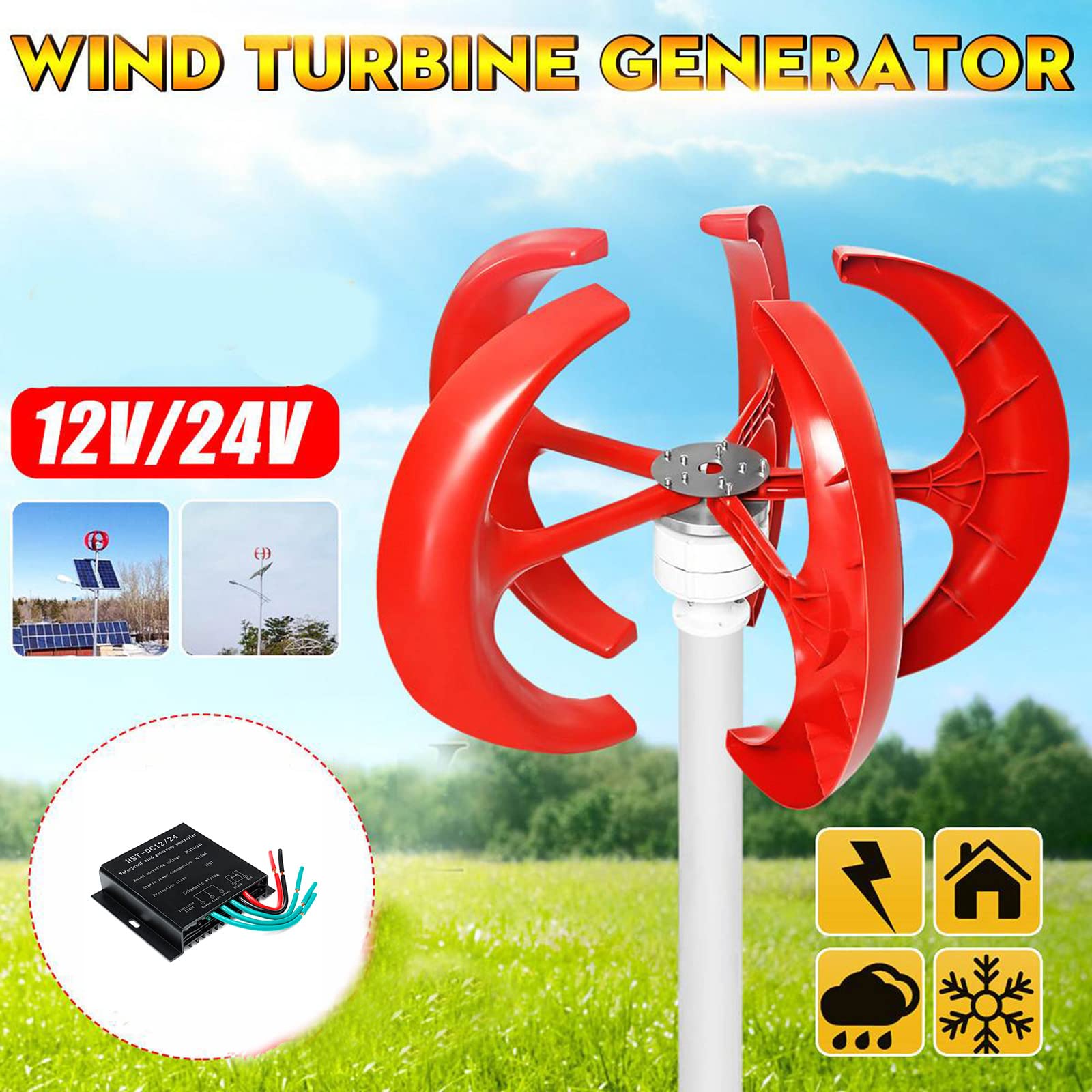 Zespół prądotwórczy z turbiną wiatrową pionową 9000W, 5 ostrza, zestaw generatora z magnesem stałym 12 V, 24 V, 48 V, 220 V, rozruch w gospodarstwie domowym, Hybrids, światło uliowe (czerwone)