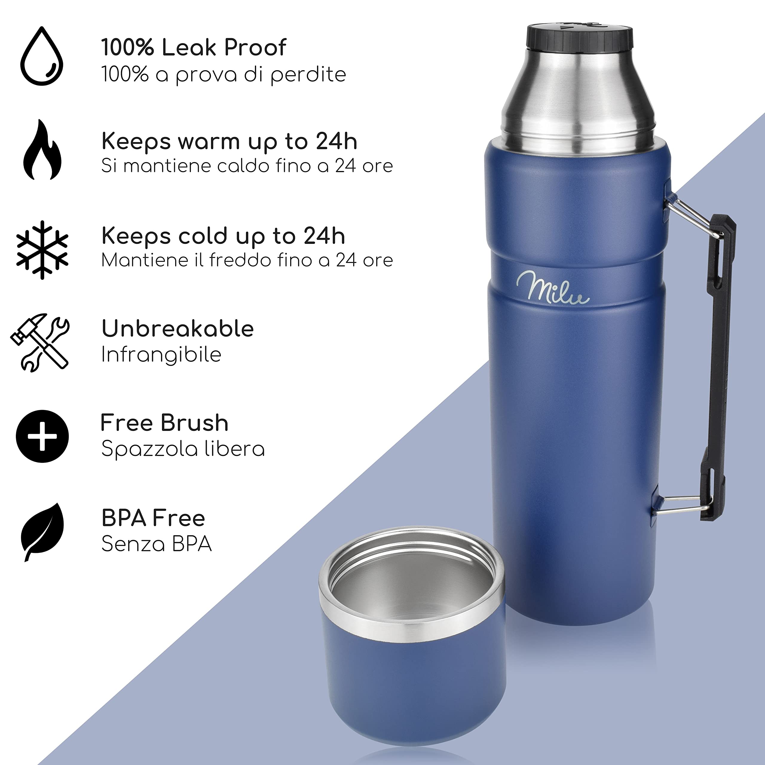 Milu Bottiglia thermos con manico TBottiglia isolata Thermos 1L - Bottiglia isolata in acciaio inox, 100% a prova di perdite, isolamento a doppia parete (Blu Navy, 1000ml)