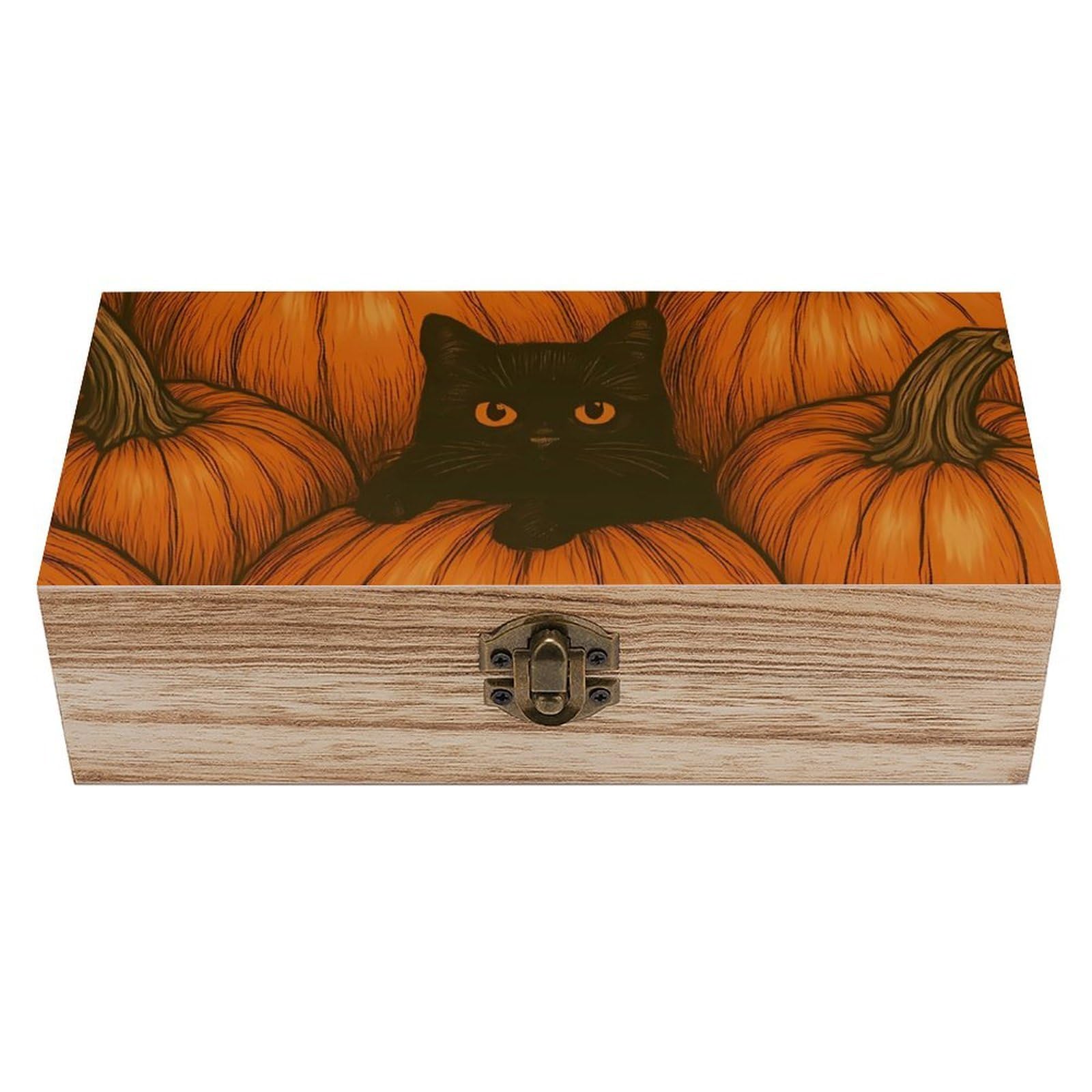 HLBSDM Black Cat on Pumpkin Retro Wooden Storage Box Jewelry Art Gift Boxs Decorative Keepsake Boxes