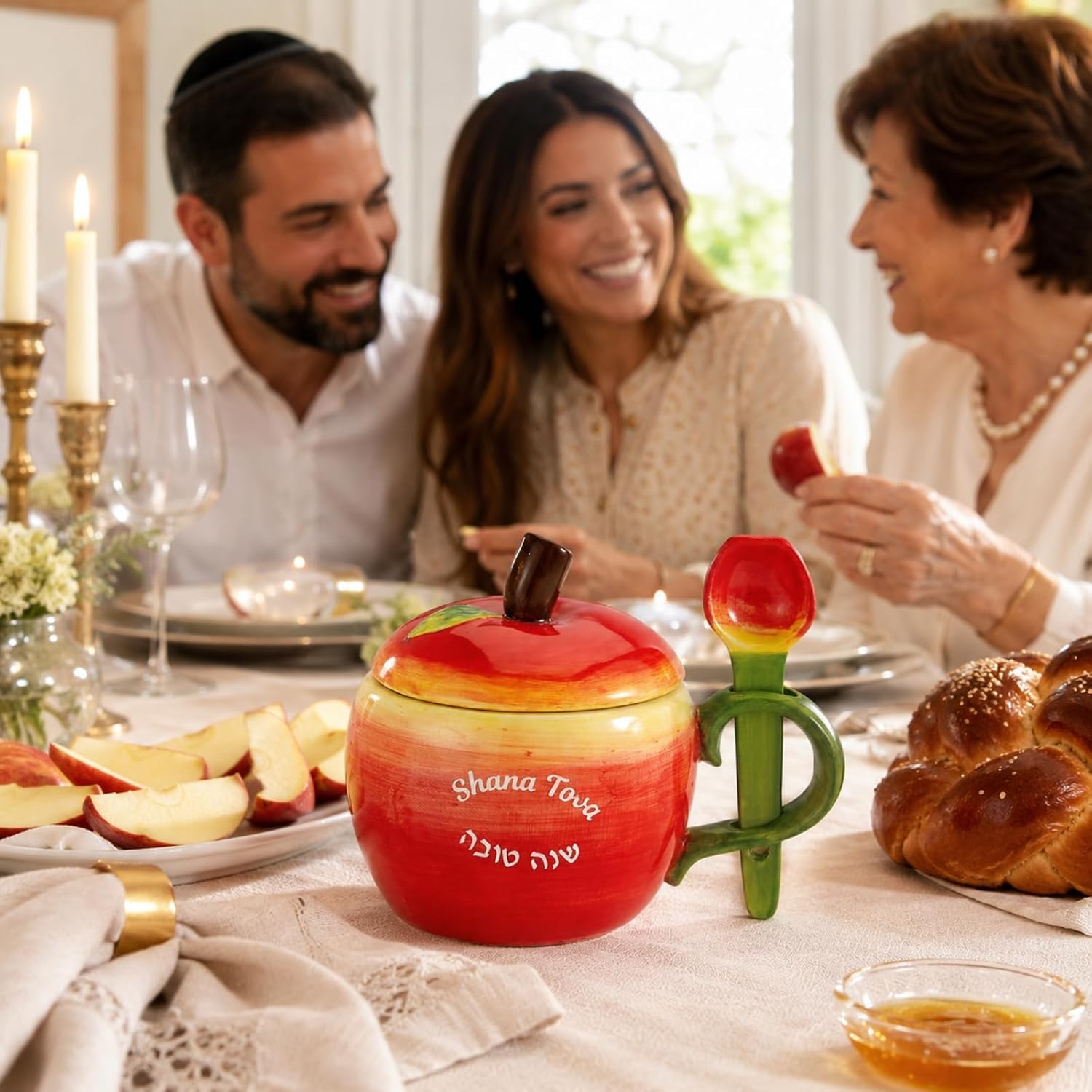 Rite Lite Rosh Hashanah Red Apple Honey Dish with Spoon Jewish New Year Honey Pot Serving Bowl Luxurious Shana Tova Living Room Serving Table Decor Judaica Hostess Party Favors Holiday Gifts image 2