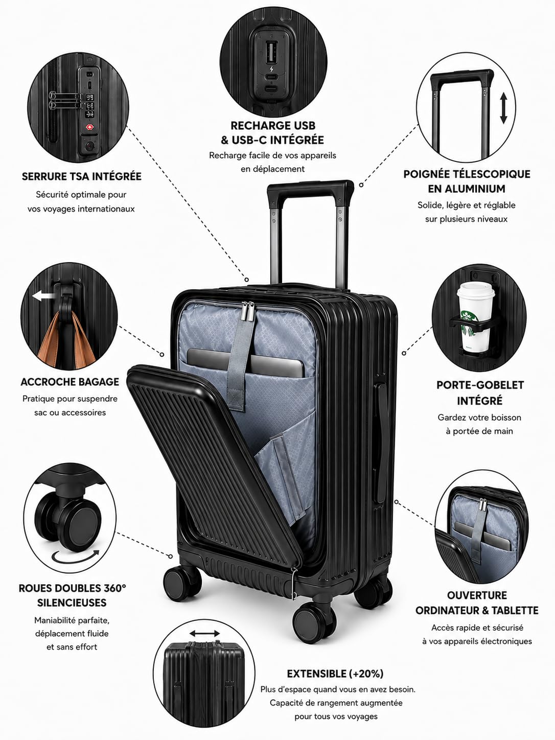 Valise Cabine 55 cm Compatible Avion – Bagage à Main Rigide en ABS, Extensible, avec Serrure TSA – Port USB, Porte-Gobelet, Compartiment Ordinateur – 4 Roues Doubles 360 Gris Anthracite