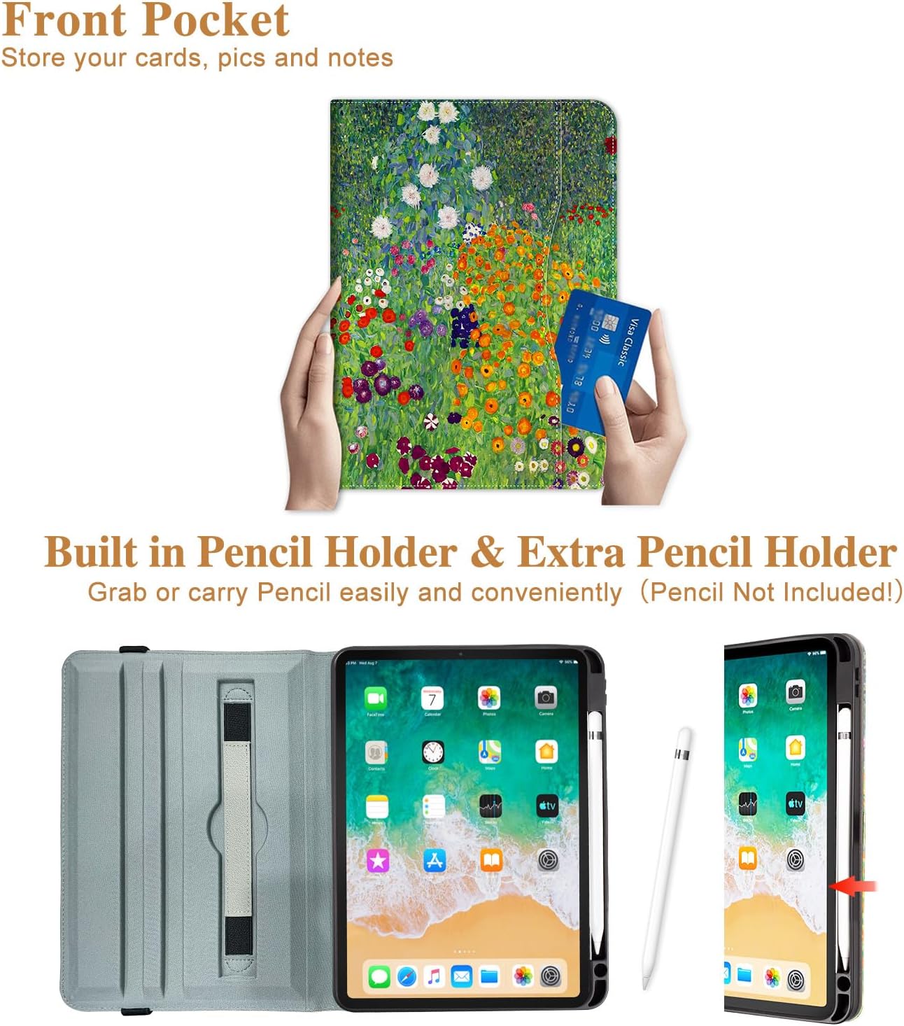 Vimorco Rotating Case for iPad A16 11th/10th Generation 2025/2022, for iPad A16 Case 11th/10th Generation 360 Degree Rotating, 4 Viewing Angles, Pencil Holder/Hand Strap/Pocket, Flower Art Garden