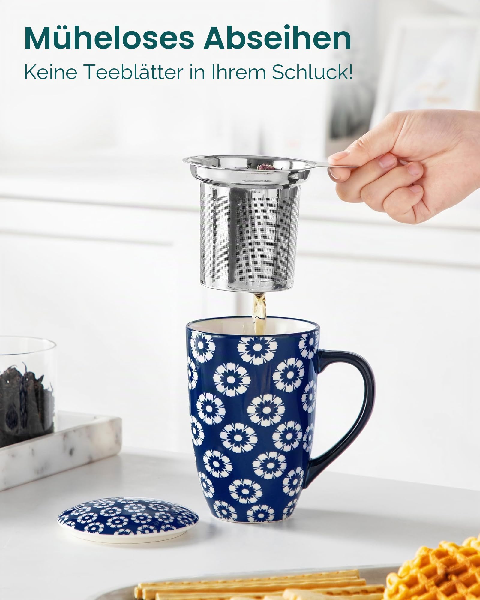 vancasso Teetasse mit Deckel und Sieb, SELENE Teetassen groß porzellan, 540ml Becher Set aus Keramik, Tasse mit Edelstahl Sieb, modernes Teebecher Geschenke Für Teeliebhaber