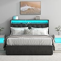 Vista 3 de Loomie Marco de Cama con Elevación Completa con Estación de Carga y Luces LED, Cama Tapizada con Cabecera de Almacenamiento Wingback con Botones