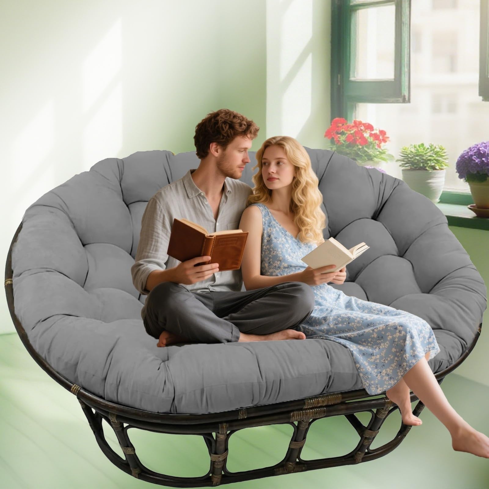 JNTFNE Oversized Double Cush - Thick Soft Tufted Wicker Egg Chair Pad for Outdoor Patio, Garden, Balcony, and Porch Cozy Round Overstuffed Comfort