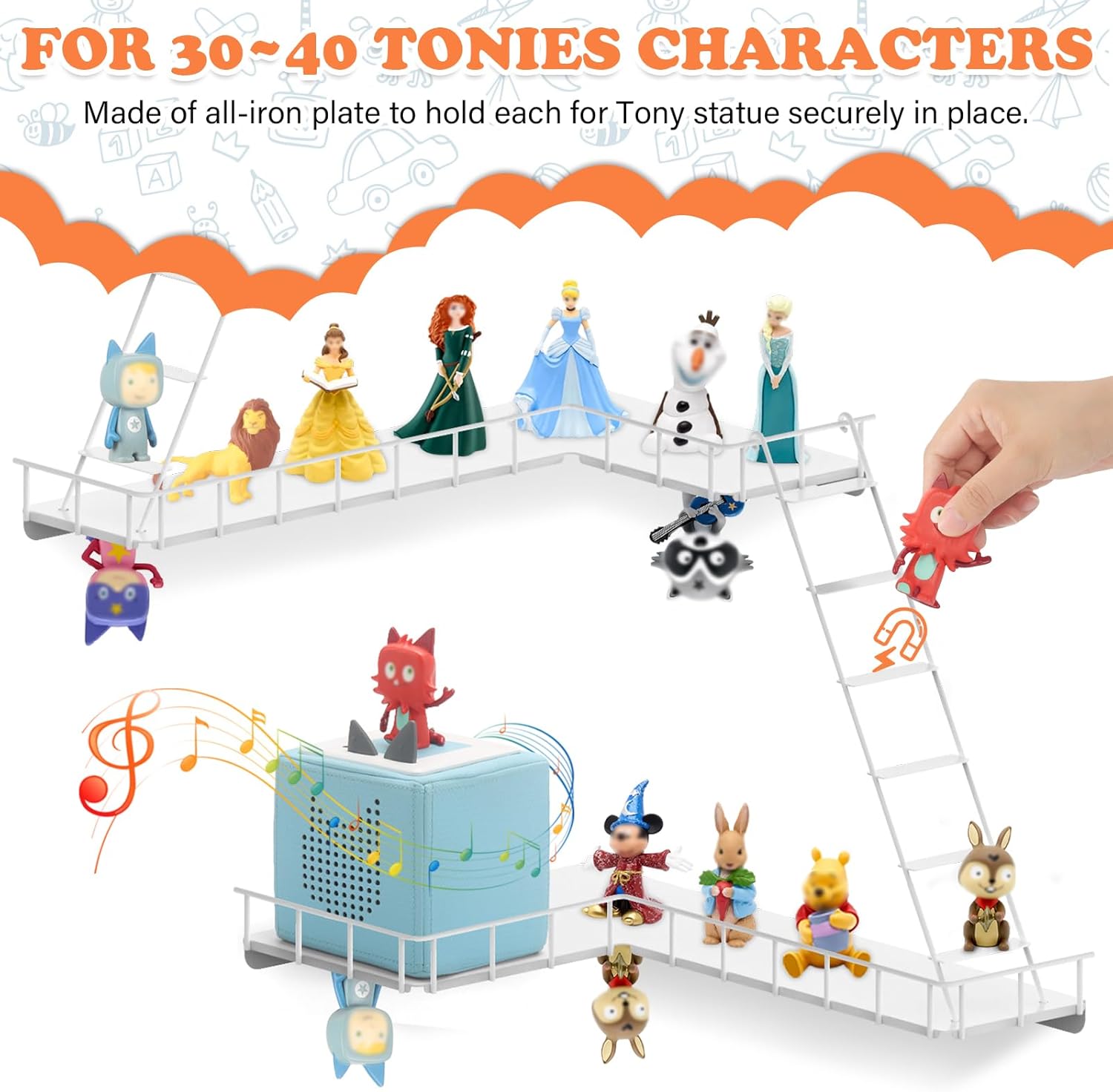 90° Ladder for Tonies Box Storage Wall Corner, Magnetic Floating Shelves Organizer for Tonie 1/2 Player Tonies Figures Characters, Display Collection 30~40 Characters (Iron)