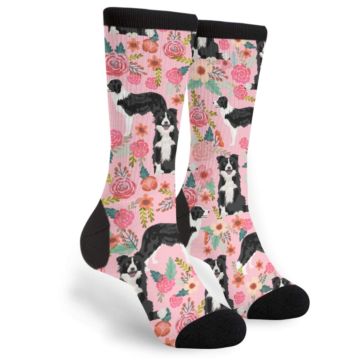 351 Men Women Funky Socks Border Collie Flowers Cute Pink Flowers Cushioned Socks Comfortable Sports Socks Breathable Calf Crew Socks For Hiking Outdoor Camping