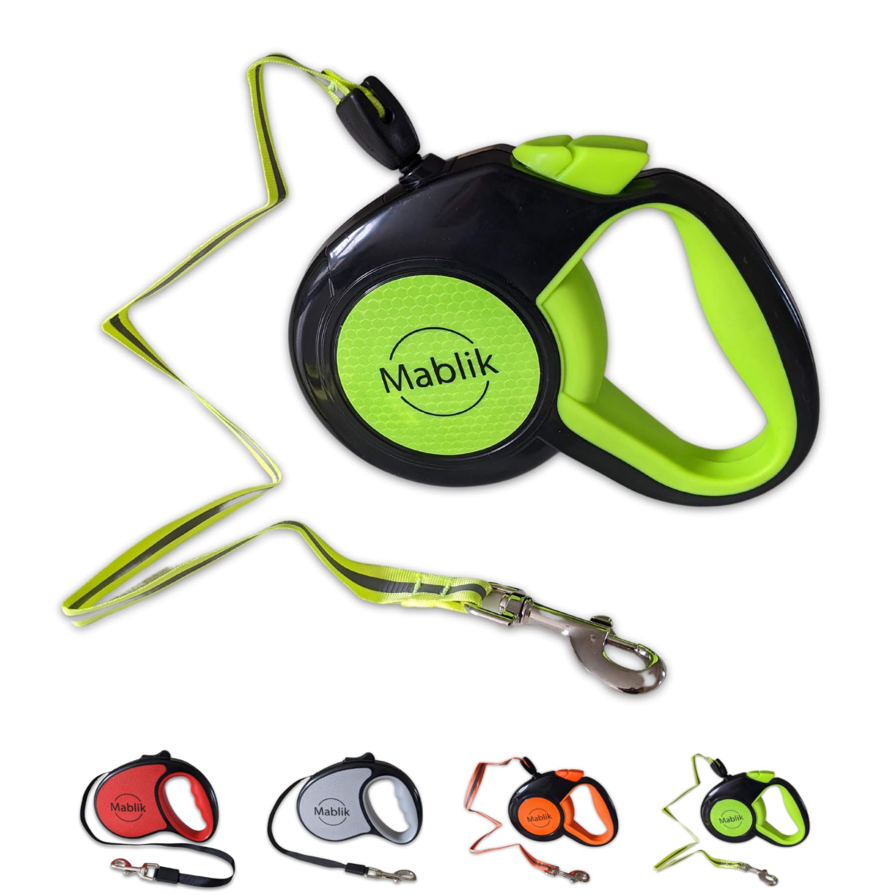 Mablik® Correa Perro Extensible 8 Metros, hasta 30 Kg Correa Extensible Perro Mediano, Cordón Resistente, Botón Frenado y Sistema de Auto-Enrollado. Mosquetón 360º, Ergonómico. (Verde, 8M)