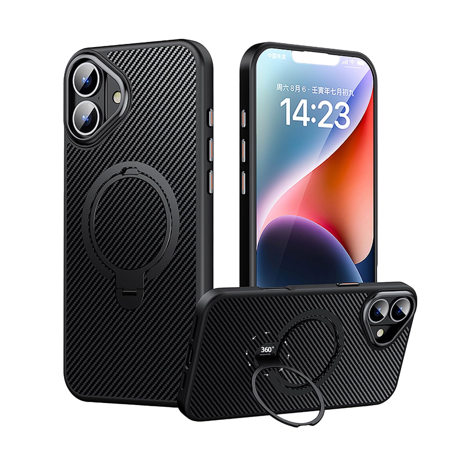 Amazon.co.jp: iPhone 16 用カーボンファイバー電話ケース、360°回転