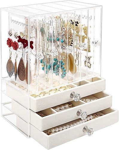 Jenseits Acrylic Jewelry Holder, Clear Earring Organizer with 3 Drawers, Velvet Hanging Jewelry Stand Storage for Necklace Earrings Ring Bracelet