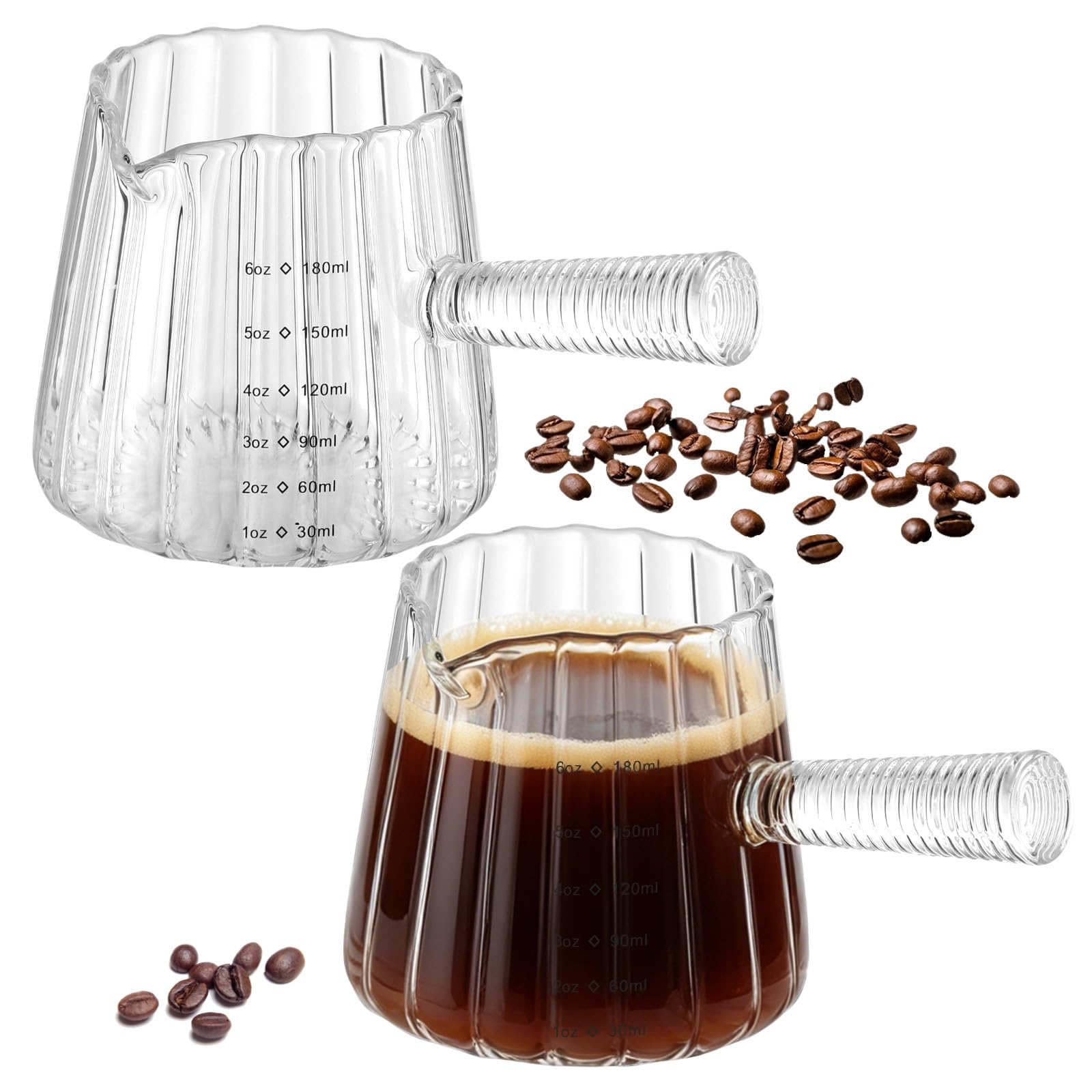2 Stk. Messbecher aus Borosilikatglas, 6 oz Espresso-Shot-Gläser mit Glasgriff, V-Ausgießer und deutlicher Skala, hitze- und kältebeständig für Kaffee, Milch, Sahne, Sauce, Barista-Werkzeug