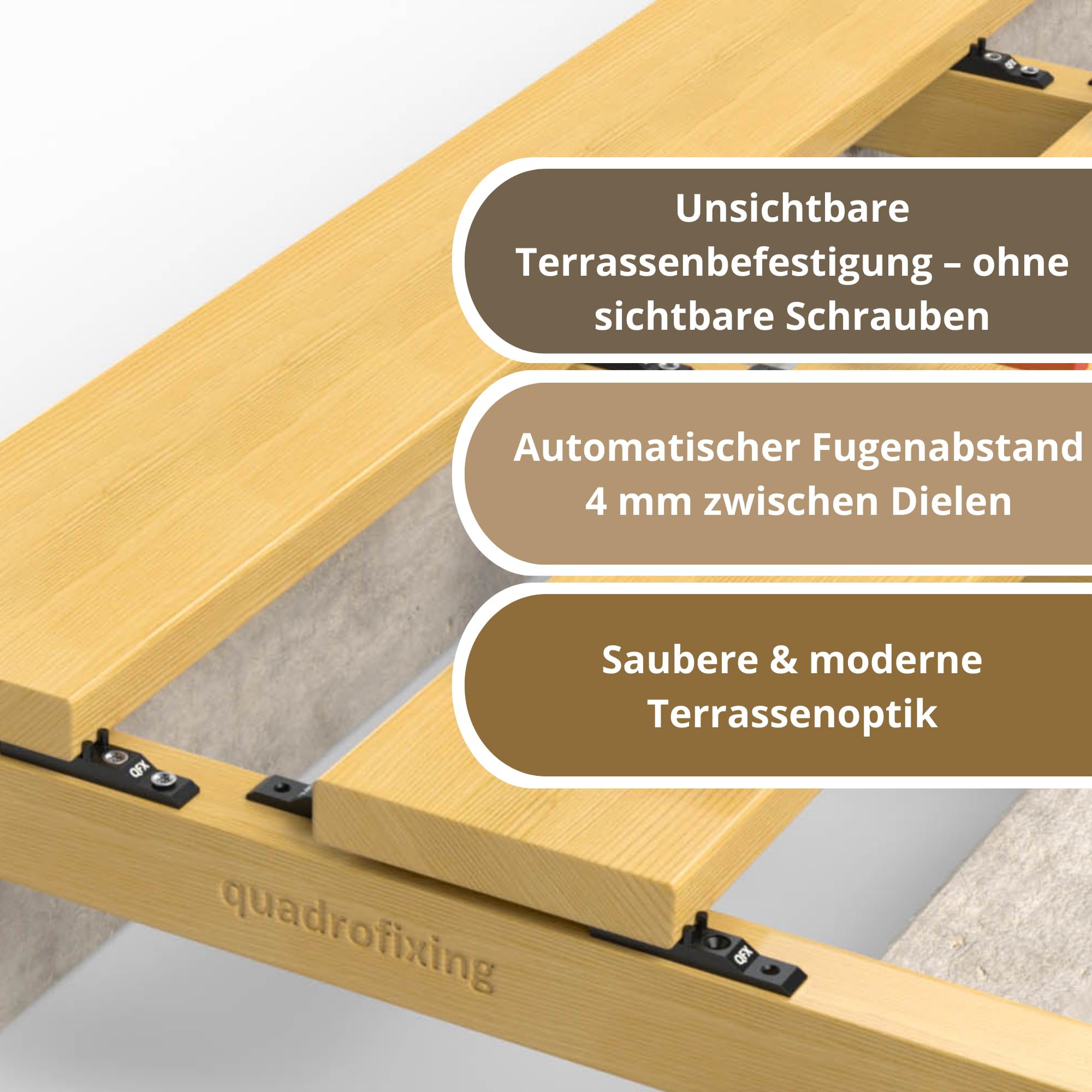 QUADRO CLIP – Unsichtbares Befestigungssystem für Holzterrassen | 100 Stück | Hochbelastbares Polyamid mit Glasfaserverstärkung | UV- und Frostbeständig