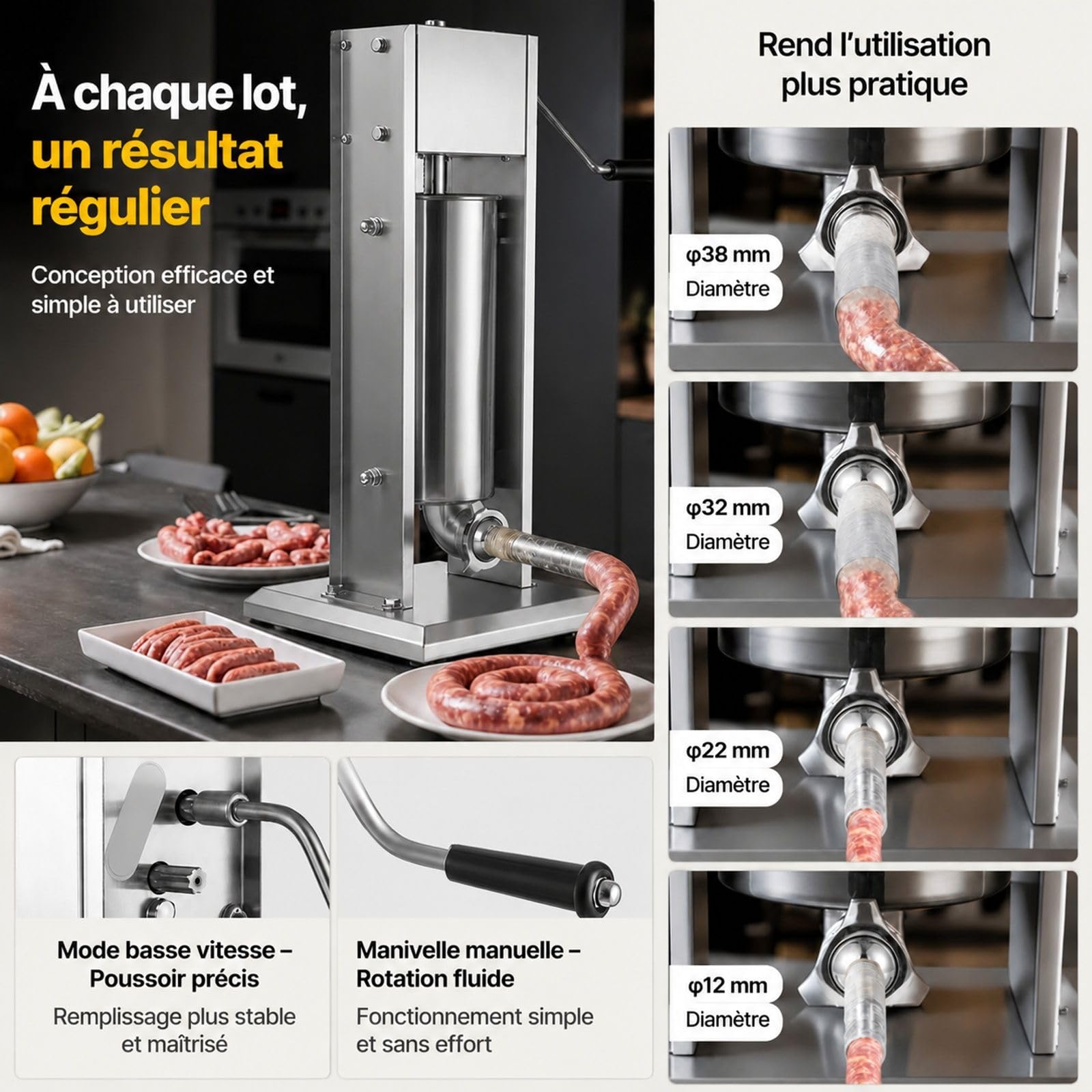 Poussoir à saucisses manuel vertical 5 L en acier inoxydable avec 5 tubes de remplissage pour cuisine domicile et restaurant