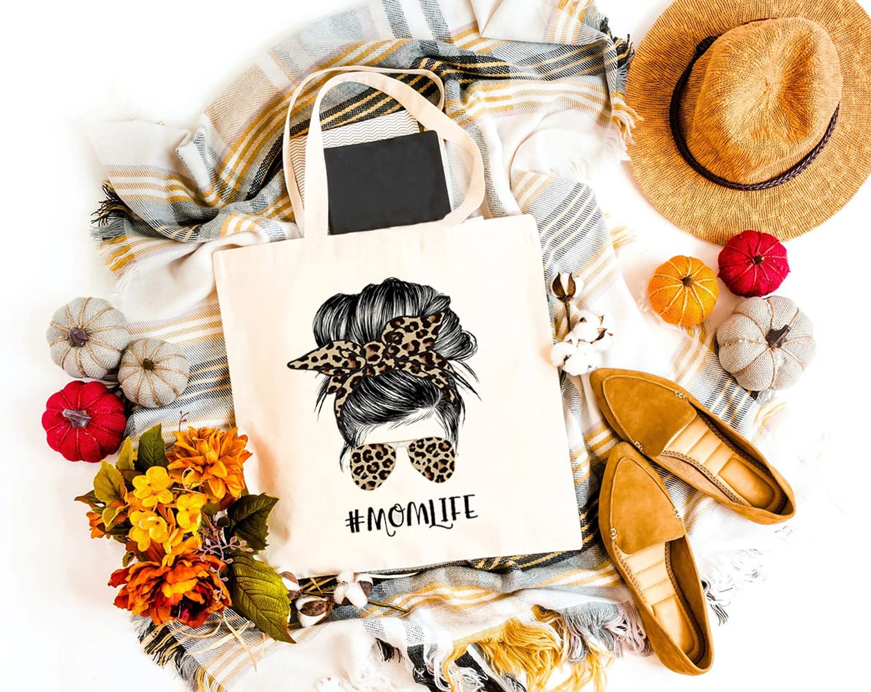 GXVUIS Mom Life Canvas Tote Bag for Women Leopard Print Messy Bun Reusable Grocery Shoulder Shopping Bags Mama Funny Gifts White