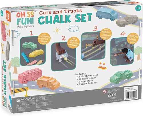 Miniatura 9 de MindWare Oh So Fun! Juego de tizas para aceras de autos y camiones, ideal para niños pequeños, incluyendo soportes para tiza para niños a partir de