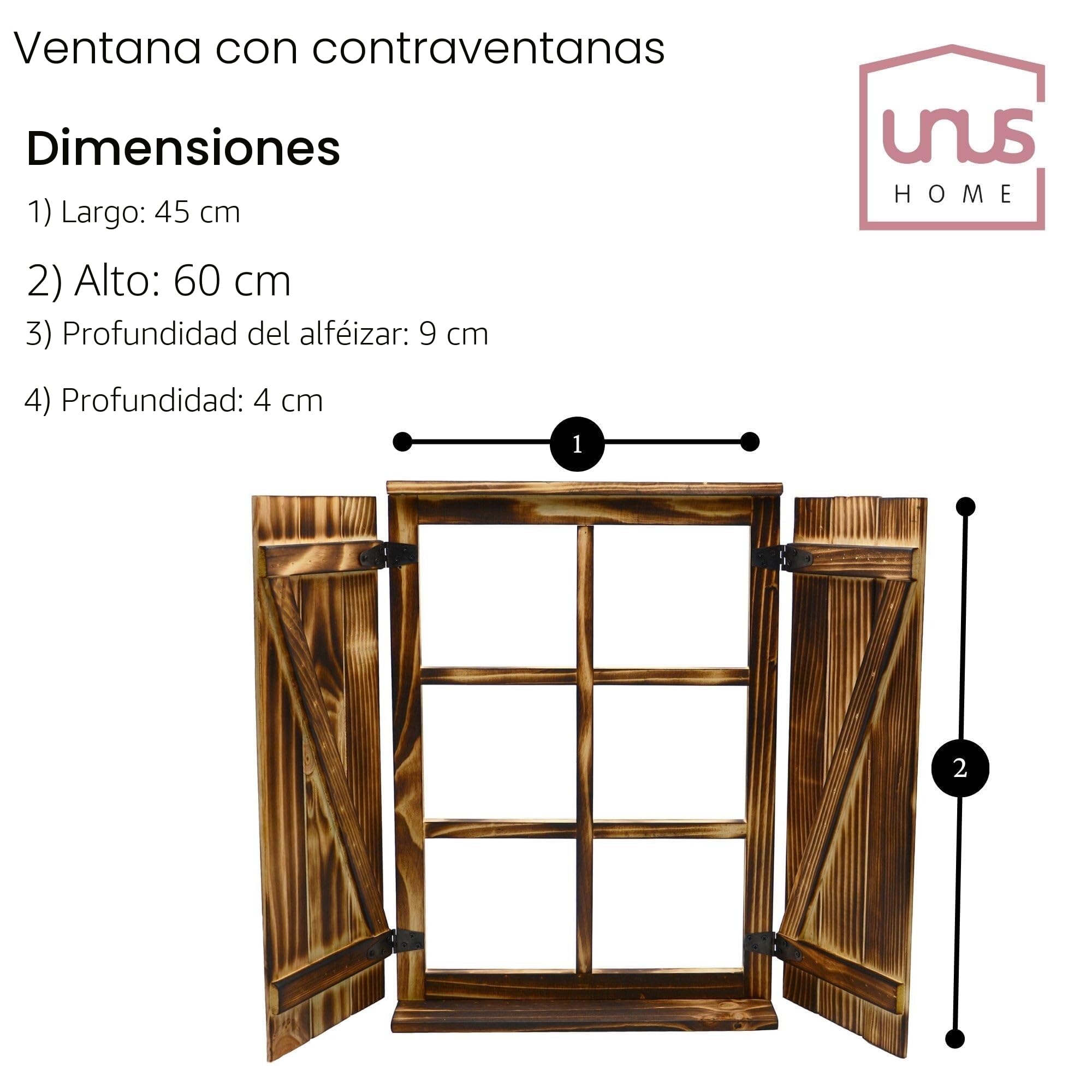 UNUS Deko-Fenfenster Sprossenfenster mit Fensterläden Holz geflammt Holzfensterrahmen Dekofensterrahmen Dekorahmen Dekofenster