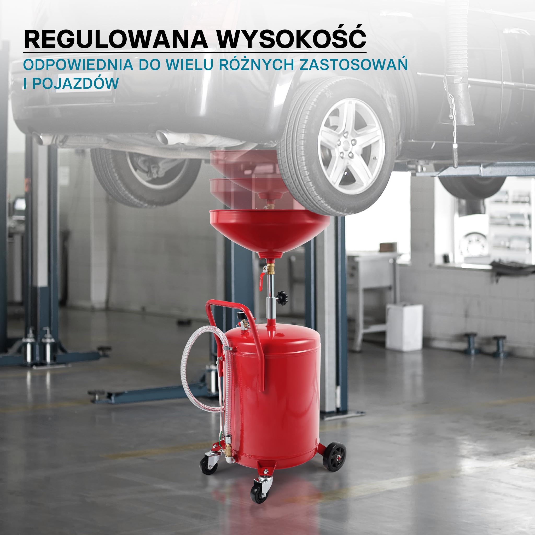 Zlewarka do oleju o pojemności 80l regulowana 122-168cm z 4 kołami opróżniane za pomocą powietrza