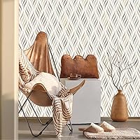 Vista 2 de Boho Wave Leaf Geometric Wallpaper, Cream PVC, Peel and Stick, Removable, Renter Friendly, Vintage, Modern, Easy DIY, 1 Roll = 17.71x118.1in