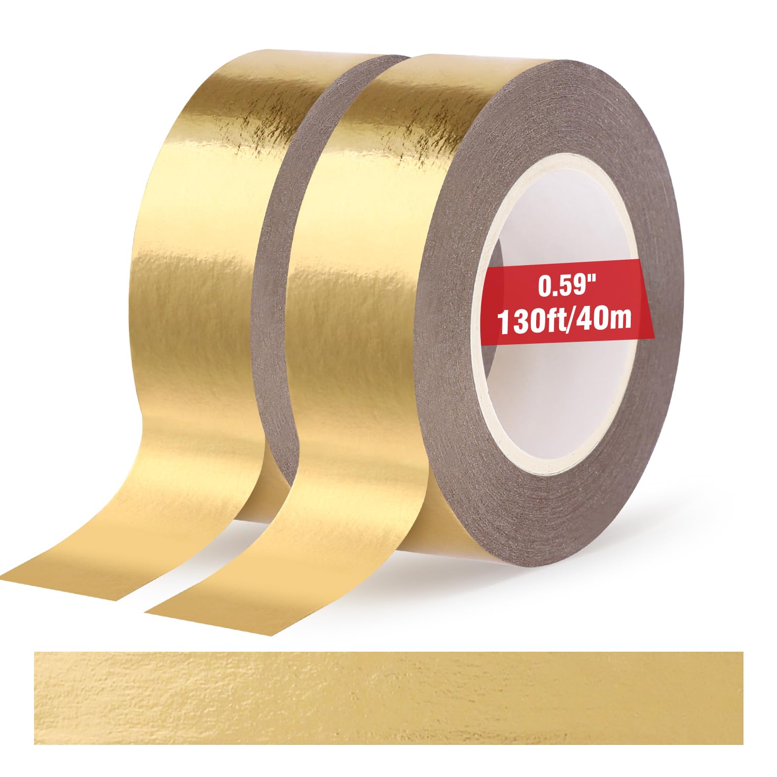 2 Rolls Gold Washi Tape, 15mm x 40m Solid Foil Washi Tape Gold Tape Self Adhesive Masking Tape No Residue for DIY Scrapbooking Craft Gift Wrapping Wall Decor (20m/Roll)