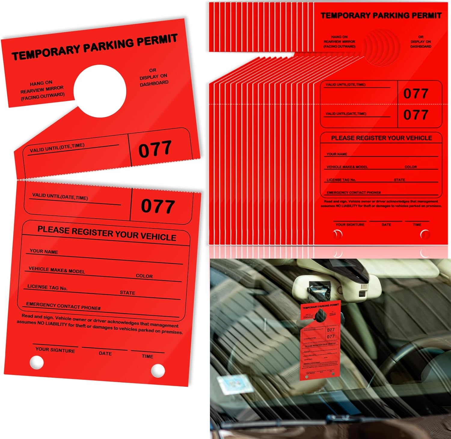 200 PCS Parking Permit Hang Tag 7.75 x 4.25 Inch Mirror Hang Tags Car Hang Tags Parking Permit Car Parking Tags Numbered Temporary Parking Passes for Business Office