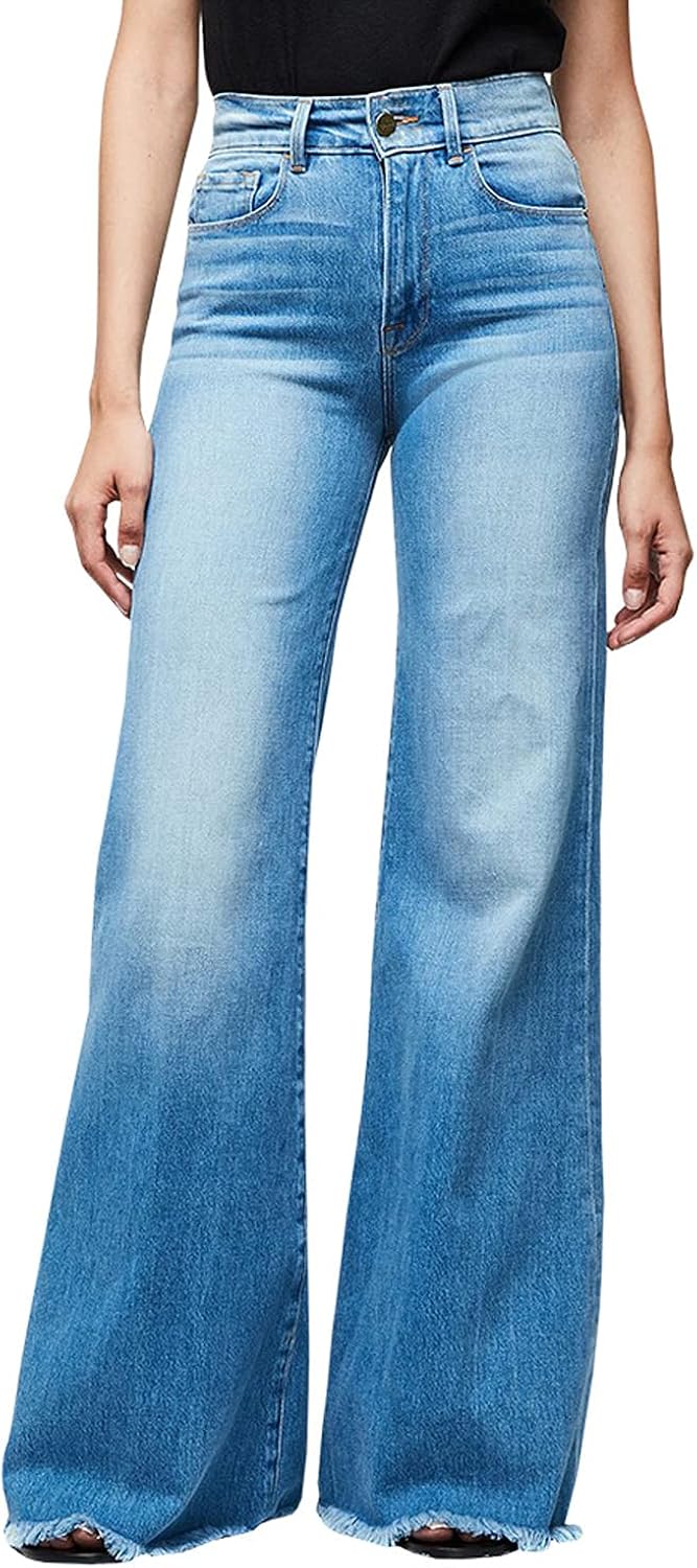 Women's High Waist Wide Leg Long Denim Pants Fashion Slim Fit Flare Jeans Loose Mopping Tassel Hem Streetwear Jean Trousers (Light Blue,Small): Clothing, Shoes & Jewelry