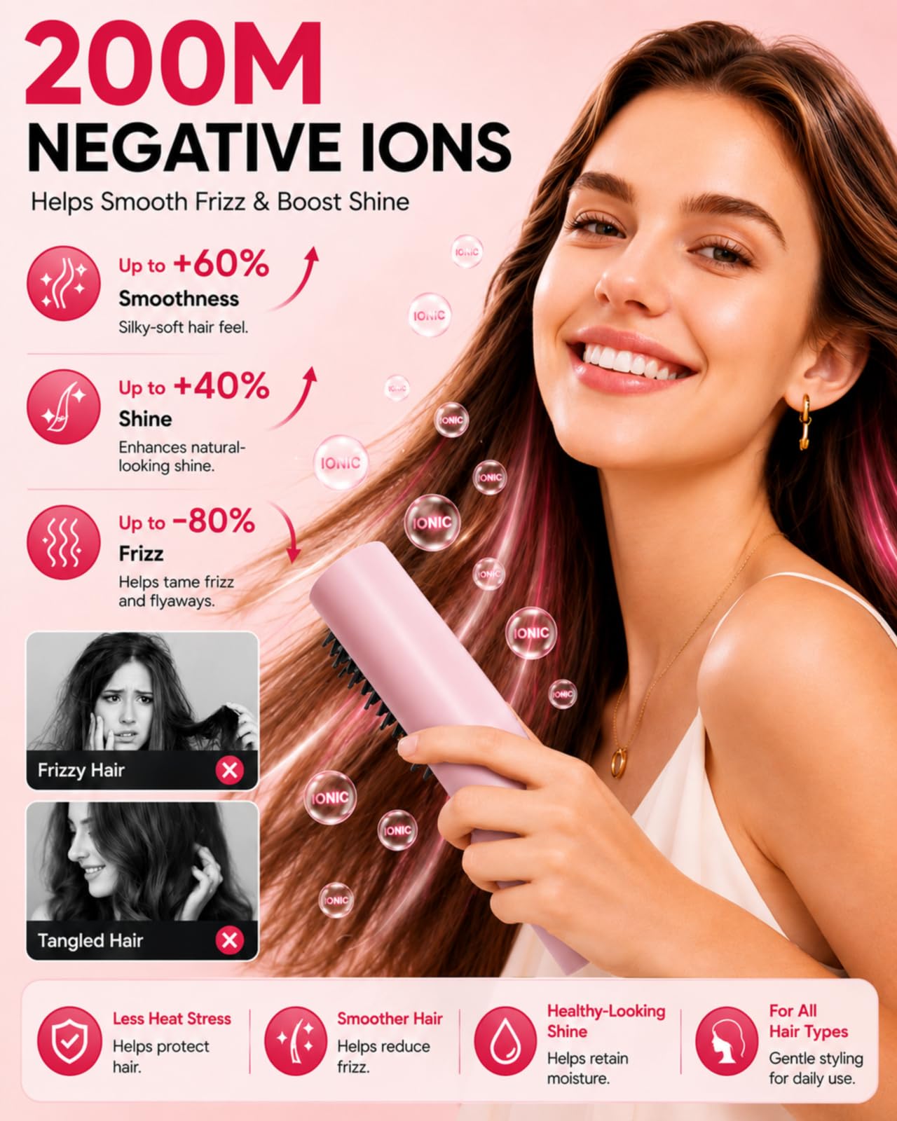 Cordless Ionic Hair Straightener Brush with 3 Heat Levels