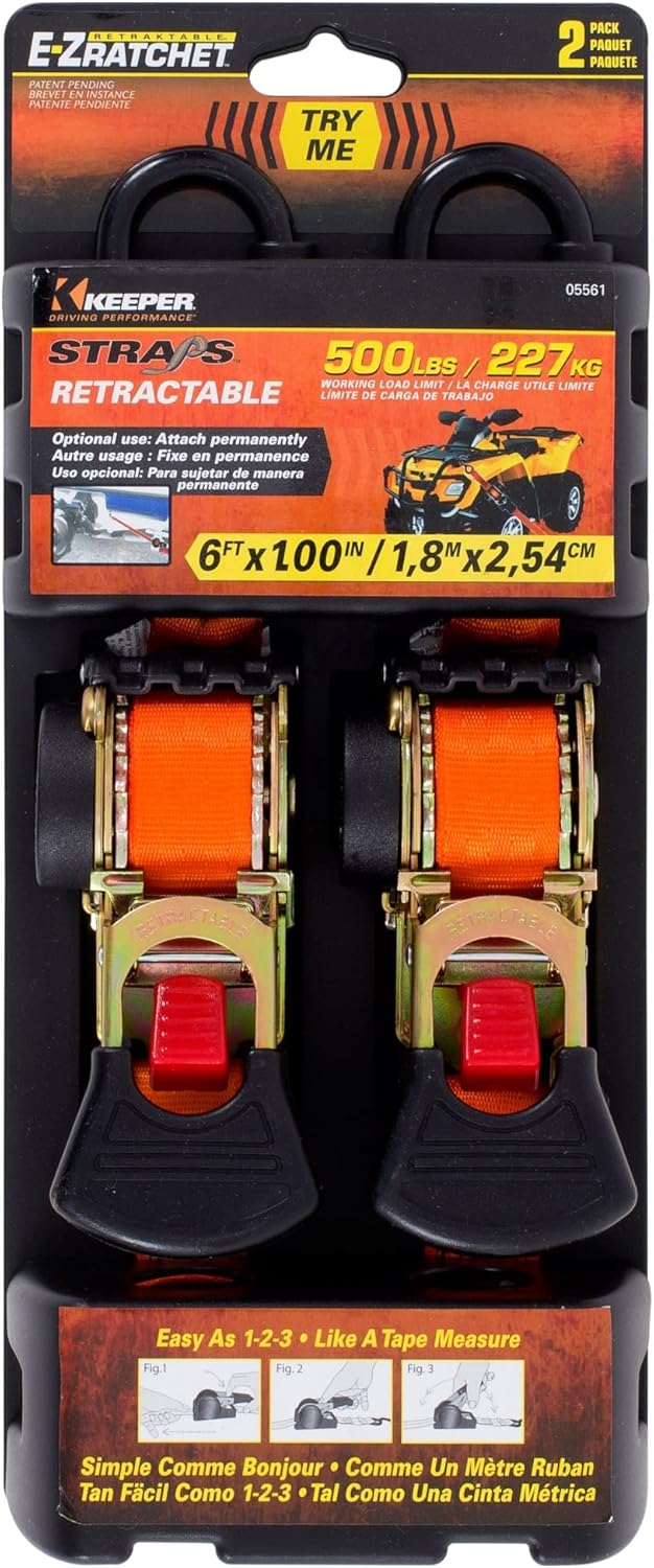 Keeper – 1” x 6' Retractable Ratchet Tie-Down with S Hooks, 2 Pack - 500 lbs. Working Load Limit