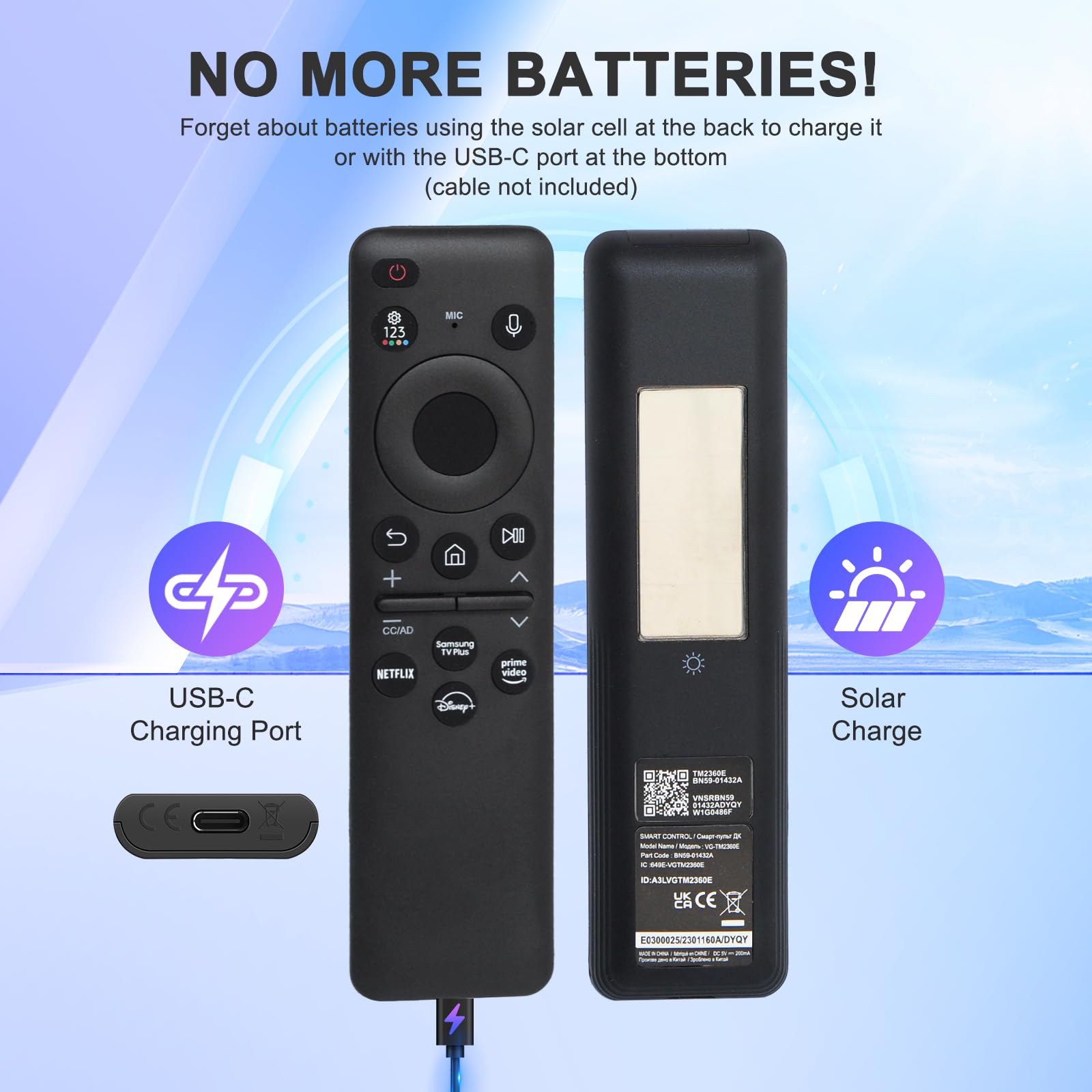 BN59-01432A - Telecomando di ricambio per Smart TV Samsung, con Bluetooth e ricarica di tipo C, per Samsung NEO QLED, Crystal UHD, OLED 4K TV, nero