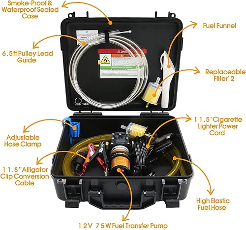 Miniatura 9 de Kit de bomba de transferencia de combustible de 12 V 75 W, mueve hasta 110 galones de gas o diésel por hora, con tubo de combustible de alta