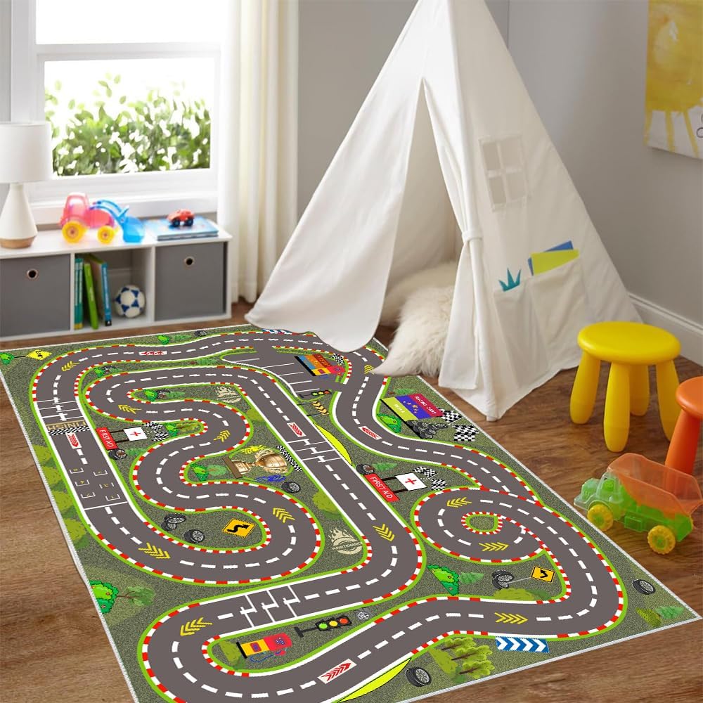 Kids Rug, Race Track Playmat Rugs 70×47 in Kids Carpet with Rubber Backing, Start and Finish line Racing Track Marking Car Road Race 3D Play Mat Nursery Rugs for Children Bedroom Playroom