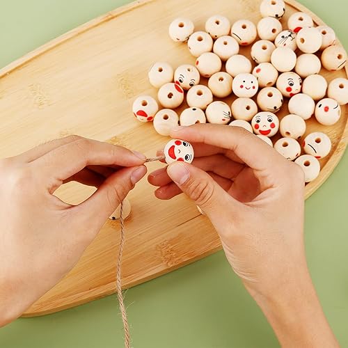 Miniatura 5 de 100 cuentas de madera de cara, cuentas de madera redondas naturales creativas de 0.8 pulgadas con agujero, cuentas de madera para hacer pulseras,