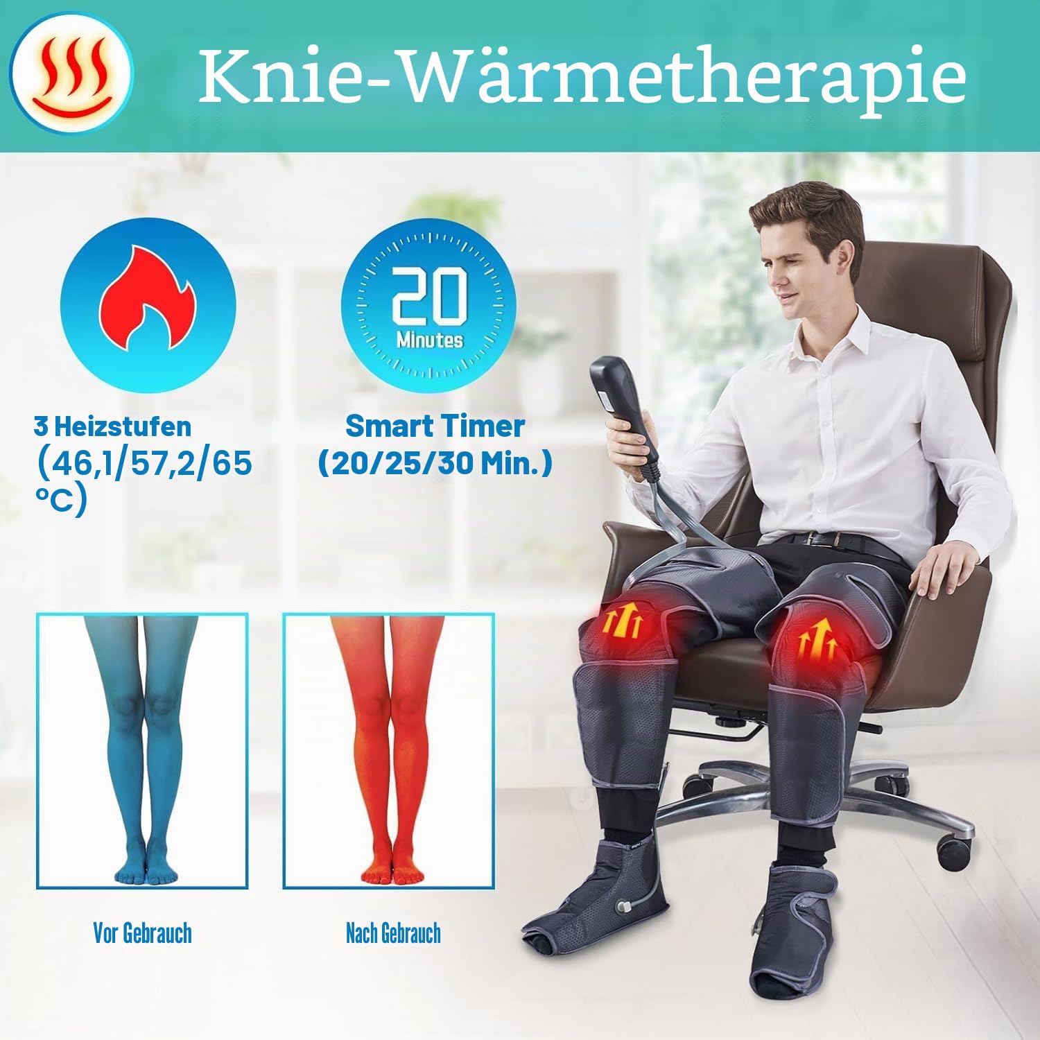 Beinmassagegerät mit Wärme für die Durchblutung, Luftkompressions-Fuß-, Waden-, Oberschenkel-Knie-Massagegerät zur Schmerzlinderung, 4 Modi, 4 Intensitäten, 2 Wärmestufen, 10 * 2 Airbags