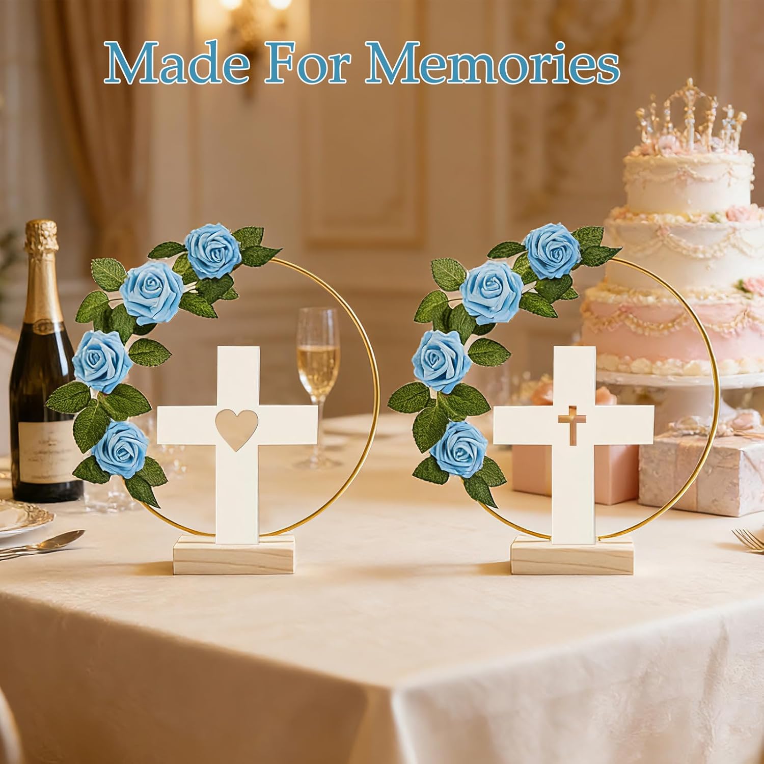 64 Pcs Baptism Centerpiece First Communion Table Decoration 16 Wood Cross 16 Floral Hoop with Stand 32 Blue Foam Rose with Stem for Baptism Baby Shower Wedding