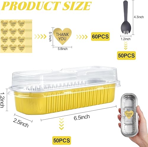 Miniatura 2 de Paquete de 50 moldes para hornear de papel de aluminio de 6.8 onzas con tapas y cucharas, prácticos recipientes rectangulares con calcomanías, tazas