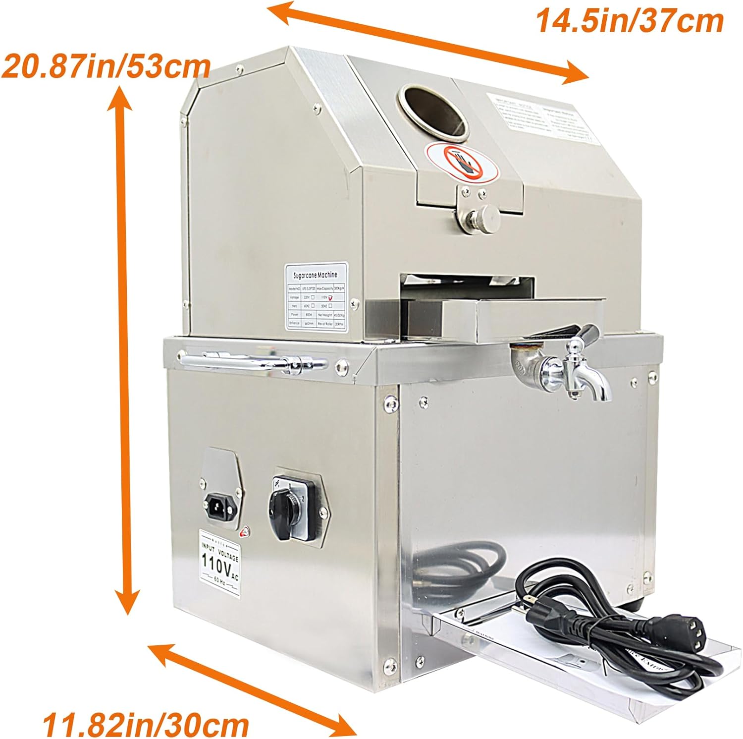 Commercial Sugar Cane Juicer, Electric Sugar Cane Press Machine, 304 Stainless Steel 3-Roller Desktop Sugarcane Juice Extractor with Openable Top Cover for Hotel, Restaurant, Super Market