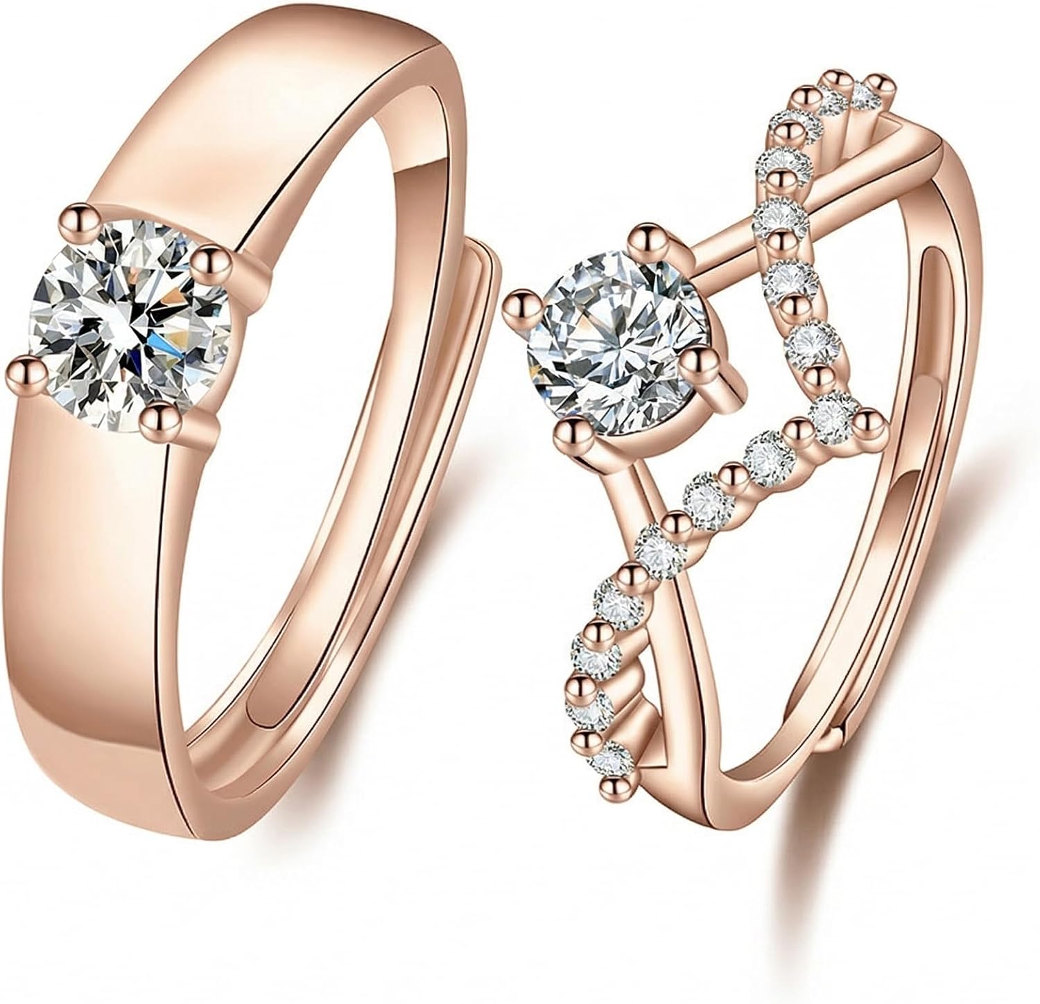 WSX Personalized 1 to 3 Carat Adjustable Diamond Couple Rings Set, Matching Couple Open Rings for Him and Her Wedding Bands for Promise Engagement Anniversary Bridal Jewelry