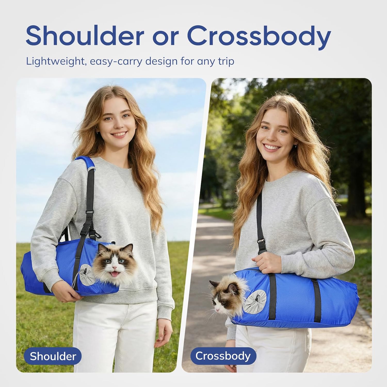 Cat Carrier Pouch, Soft Cat Grooming Restraint Bag for Vet Visits, Nail Trimming & Medication, Comfortable Cats Carry Bag with Bottom Support for Car Travel, Blue,L