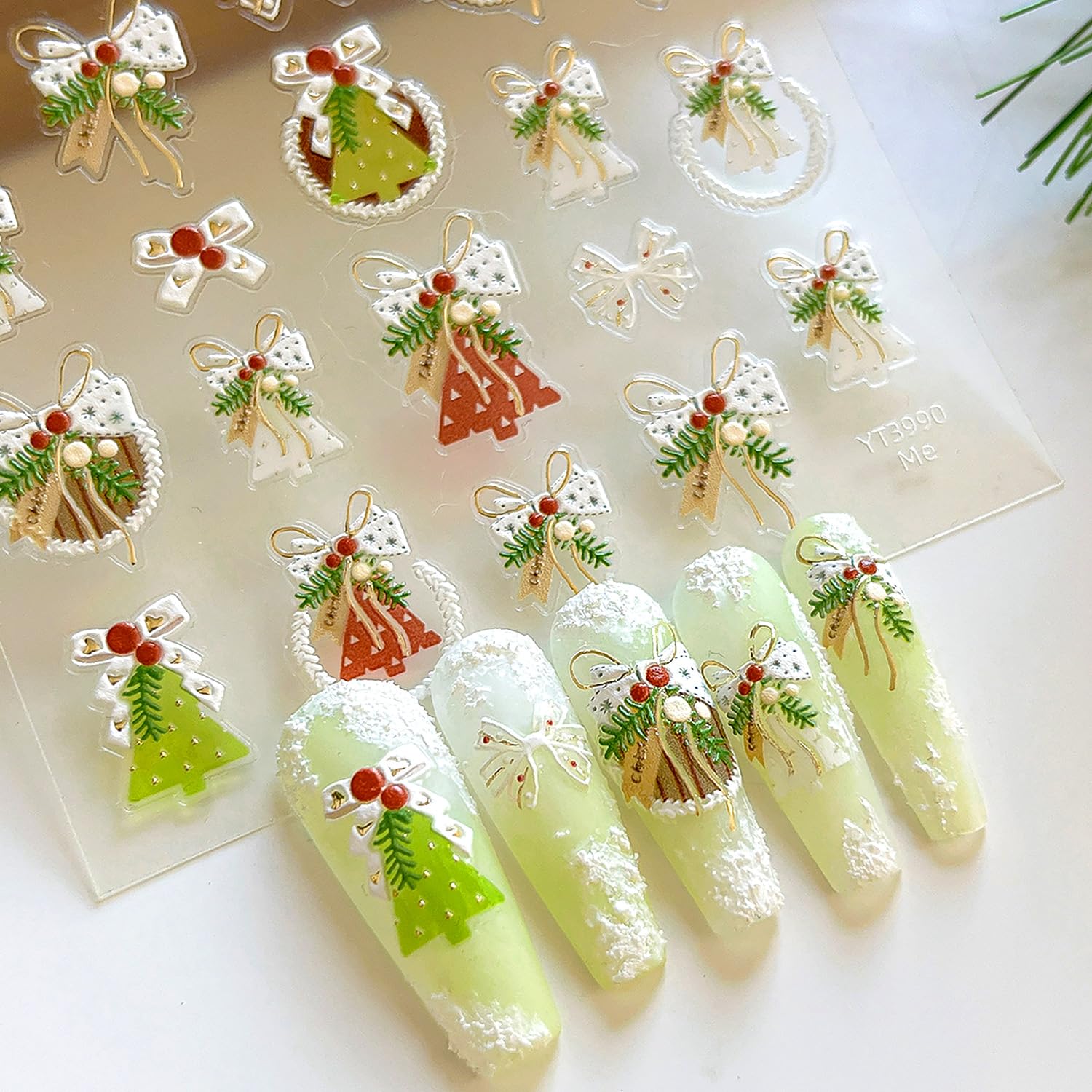 3 Sheets 5D Embossed Christmas Trees Nail Stickers for Nail Art Wreath Gingerbread Man Self-Adhesive Decals Winter Holiday Decoration Christmas