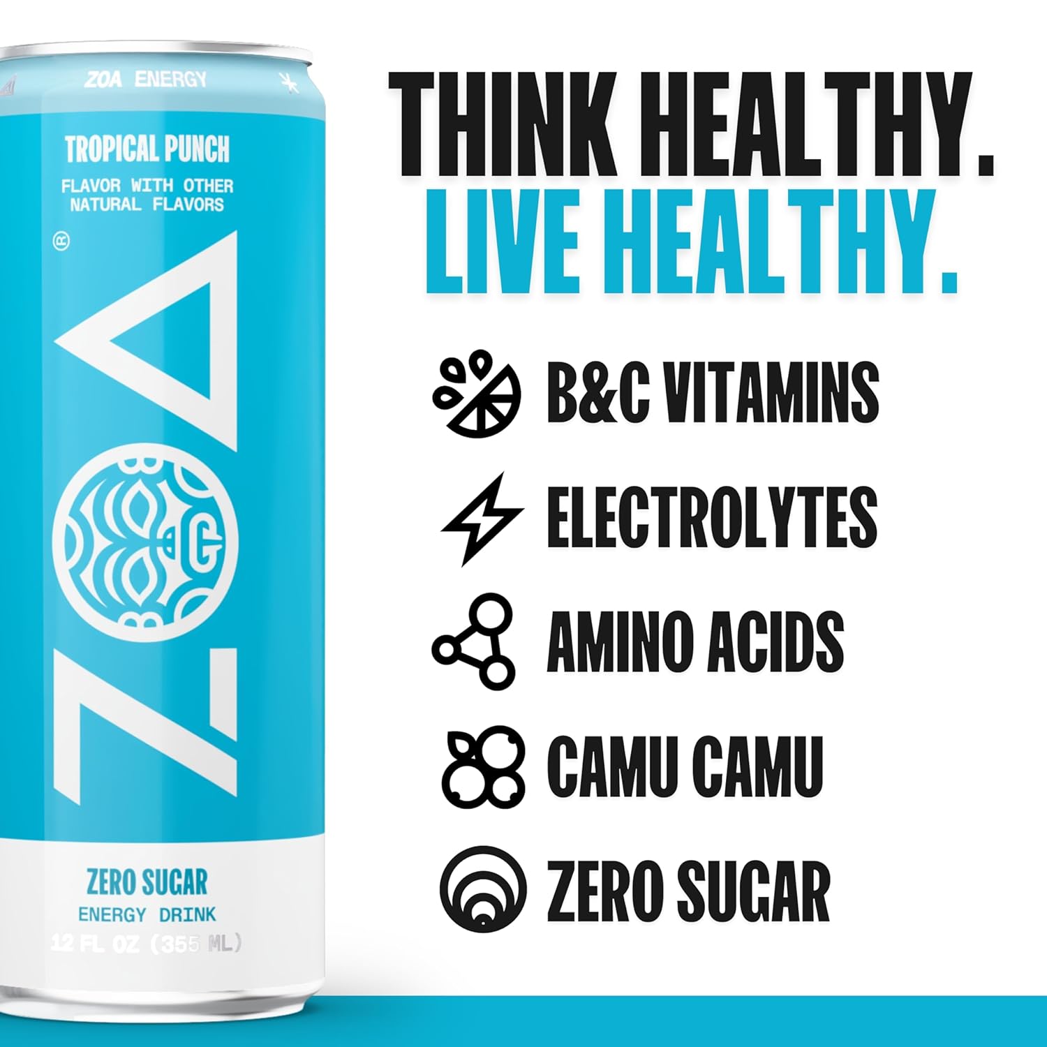 ZOA Zero Sugar Energy Drinks - Tropical Punch | Healthy Energy Formula with Natural Caffeine, Daily Vitamin C, Essential B-Vitamins | Gluten-Free, Keto Friendly | 12 Ounce Cans (Pack Of 12)