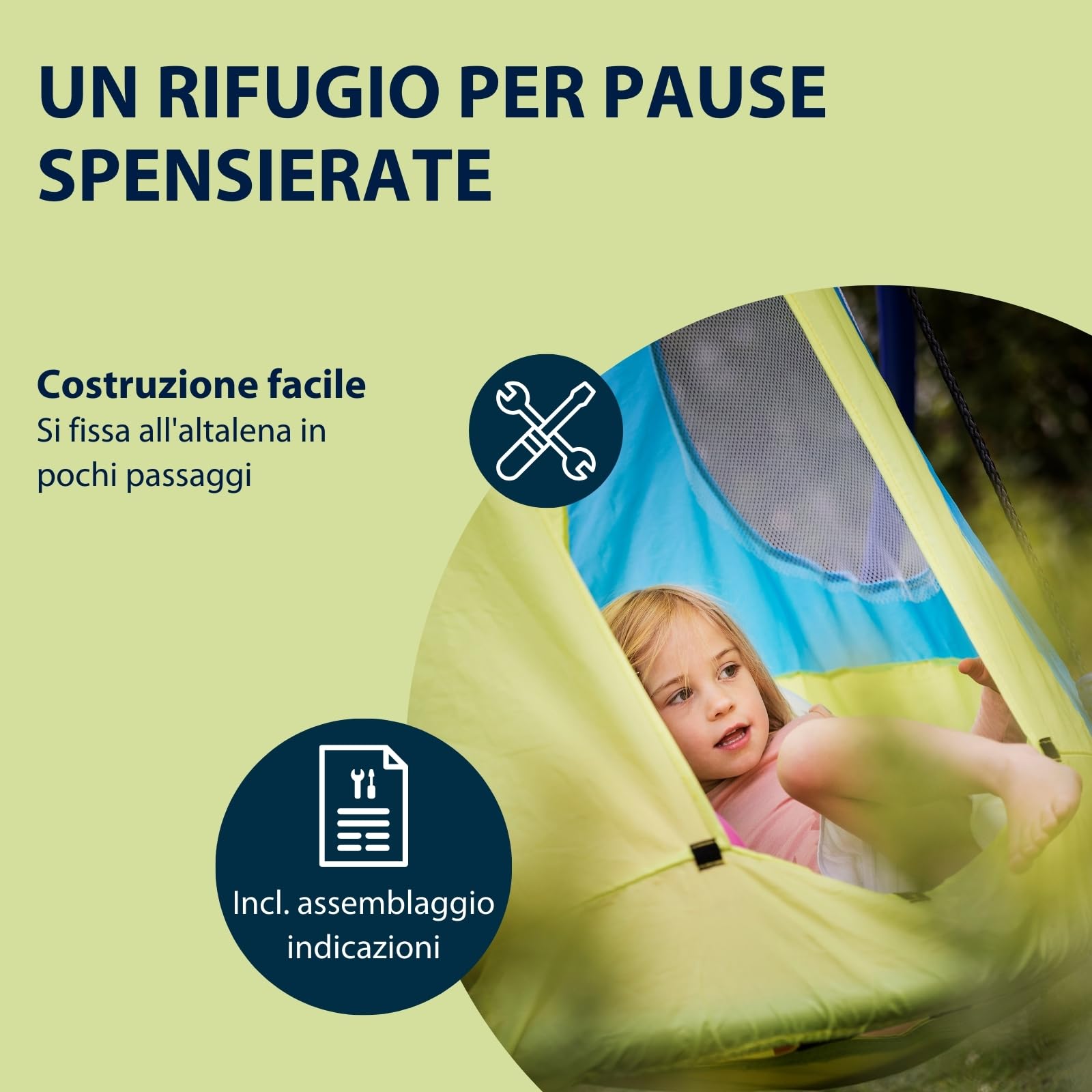 Tenda HUDORA Cosy Castle - copertura per altalena HUDORA nest 90 e 110/120 in blu/limone - tenda per altalena in poliestere per uso interno ed esterno - tettoia per altalena per bambini e adulti